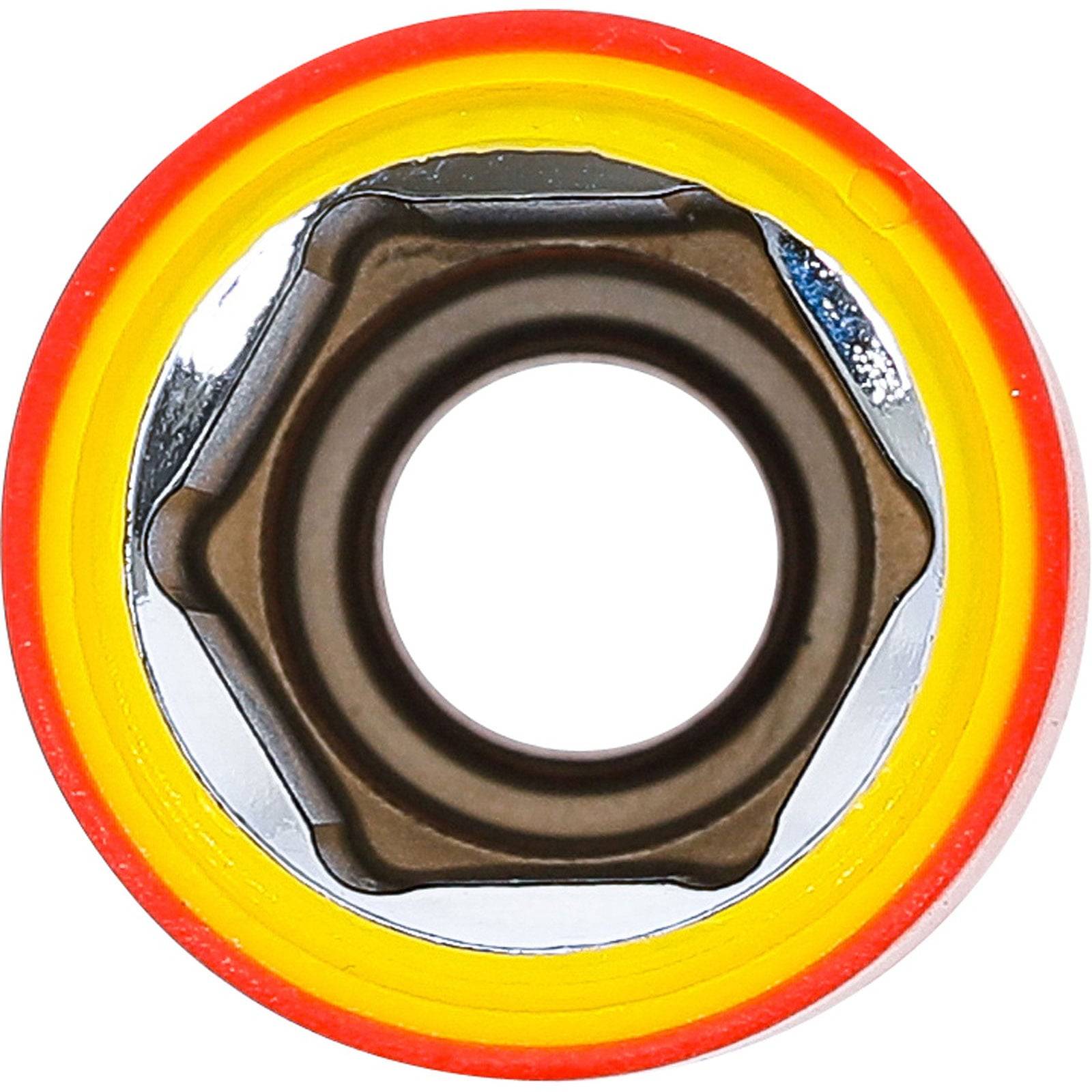 Nahaufnahme einer Sechskantmutter mit einem leuchtend orangefarbenen und gelben Gummi- oder Kunststoffring, der einem Ziel-Bullseye ähnelt.