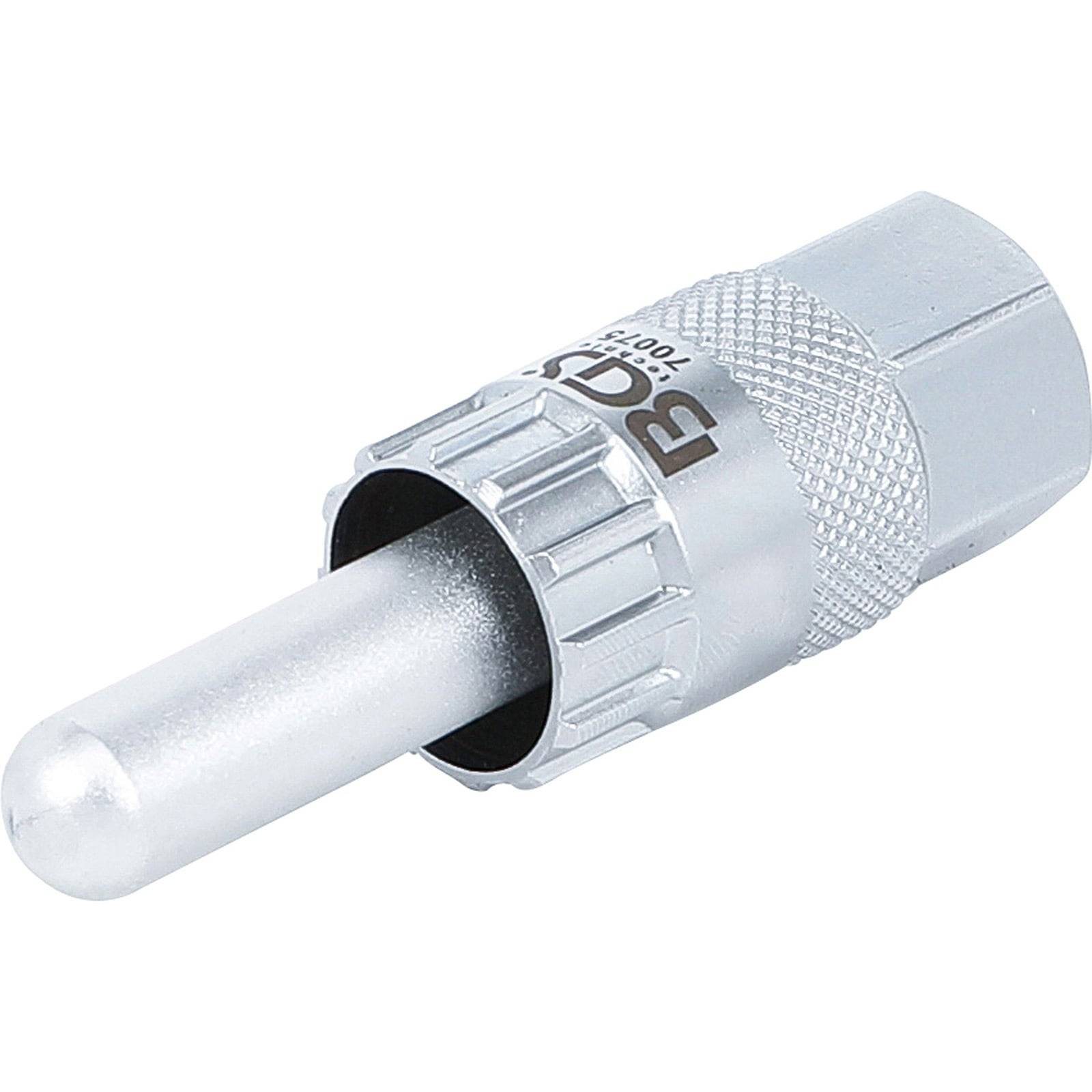 Ein silbernes Metallinstrument mit strukturiertem Griff und einer länglichen Spitze, das einem Bithalter ähnelt. Es ist für präzise manuelle Einstellungen konzipiert.