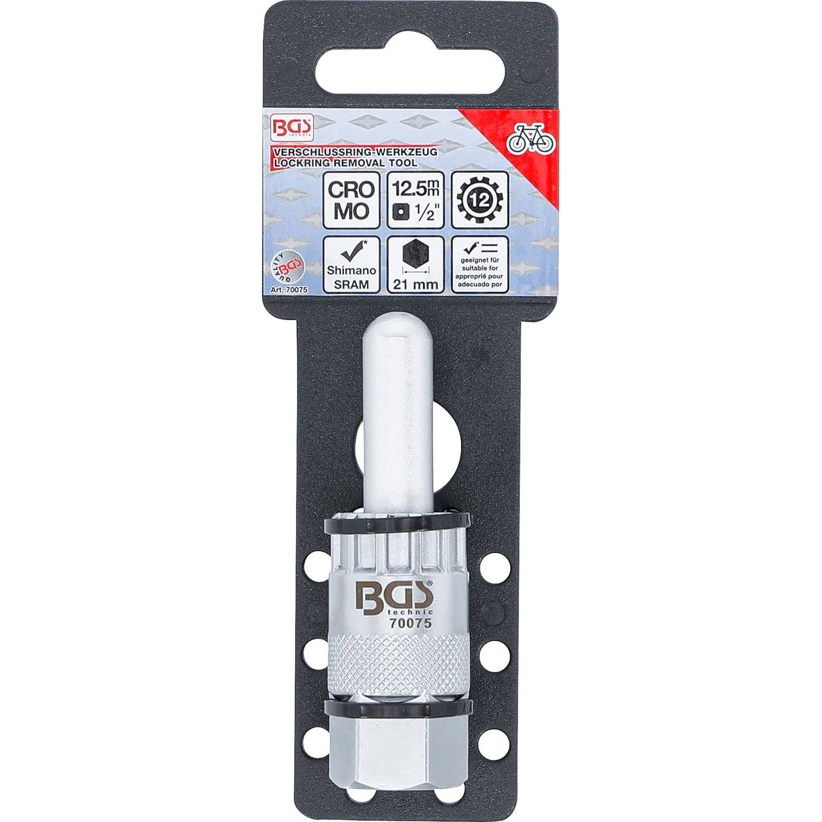 BGS 70075 Fahrradschloss-Entfernungswerkzeug, 12,5 mm, Antrieb mit halber Zoll, kompatibel mit Shimano und SRAM, auf einer schwarzen Displaykarte.