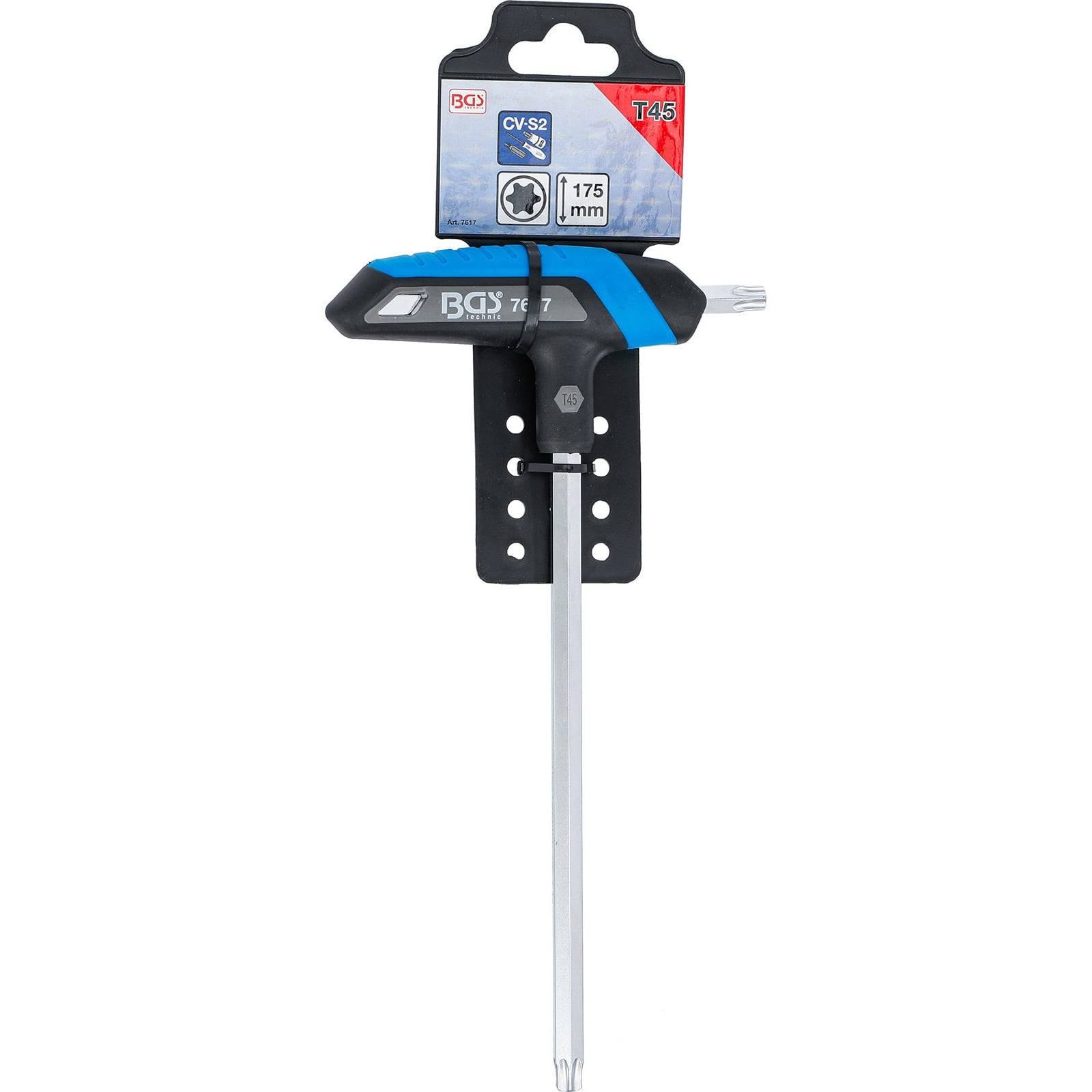 T45 Torx-Schlüssel mit 175 mm Schaft, schwarzem und blauem Griff, in Displayverpackung.