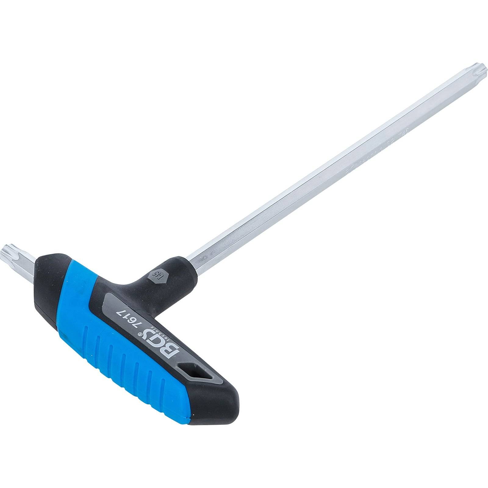 Ein T-Griff-Innensechskantschlüssel oder Allen-Schlüssel mit einem schwarzen Griff und blauen Akzenten, mit einer langen, geraden Metallschaftung.