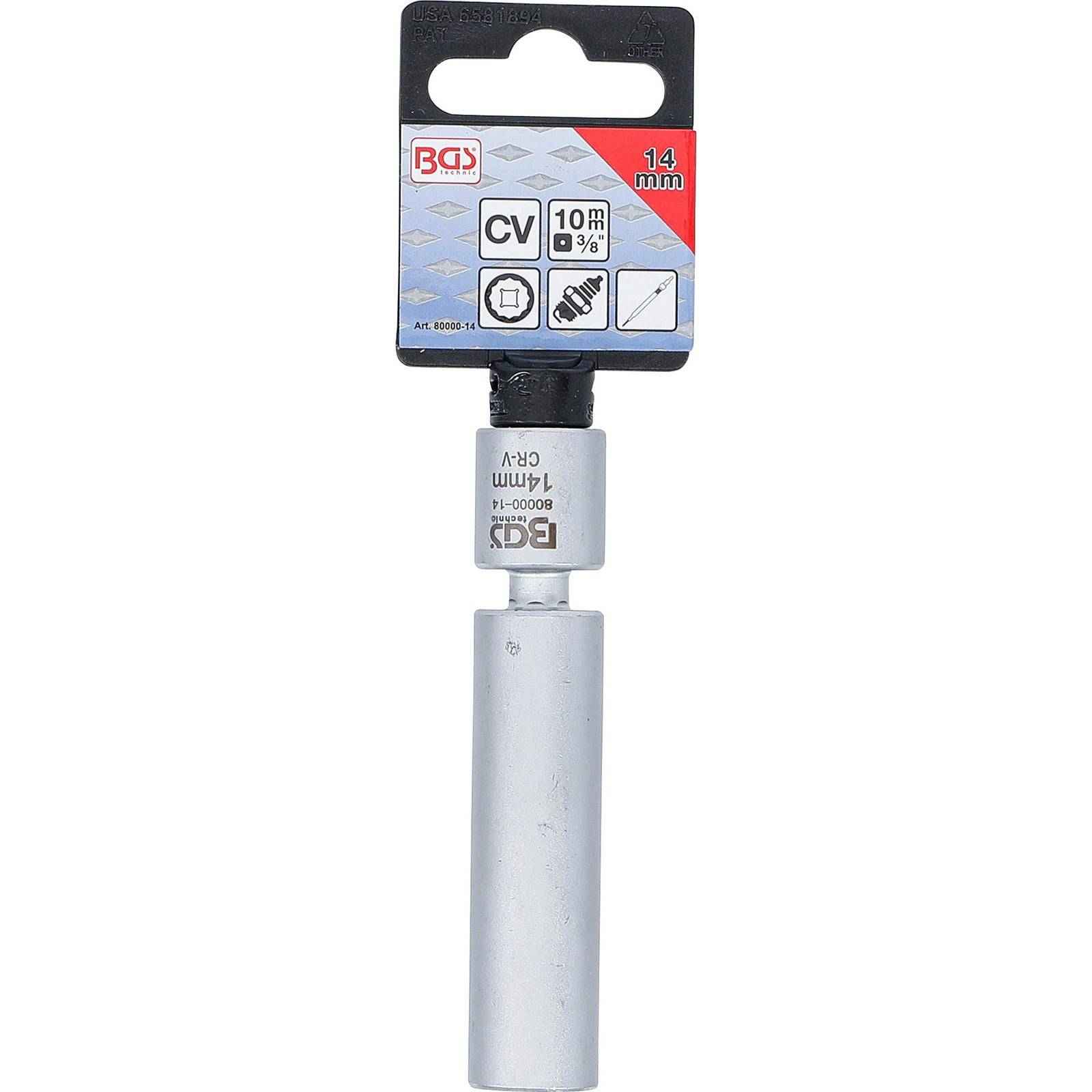 Eine metallische 14-mm-Stecknuss mit einem Zündkerzenentwurf, beschriftet mit 'BGS' und 'CV', mit einem 10-mm-Beschreibungsetikett für mechanische Verwendung.