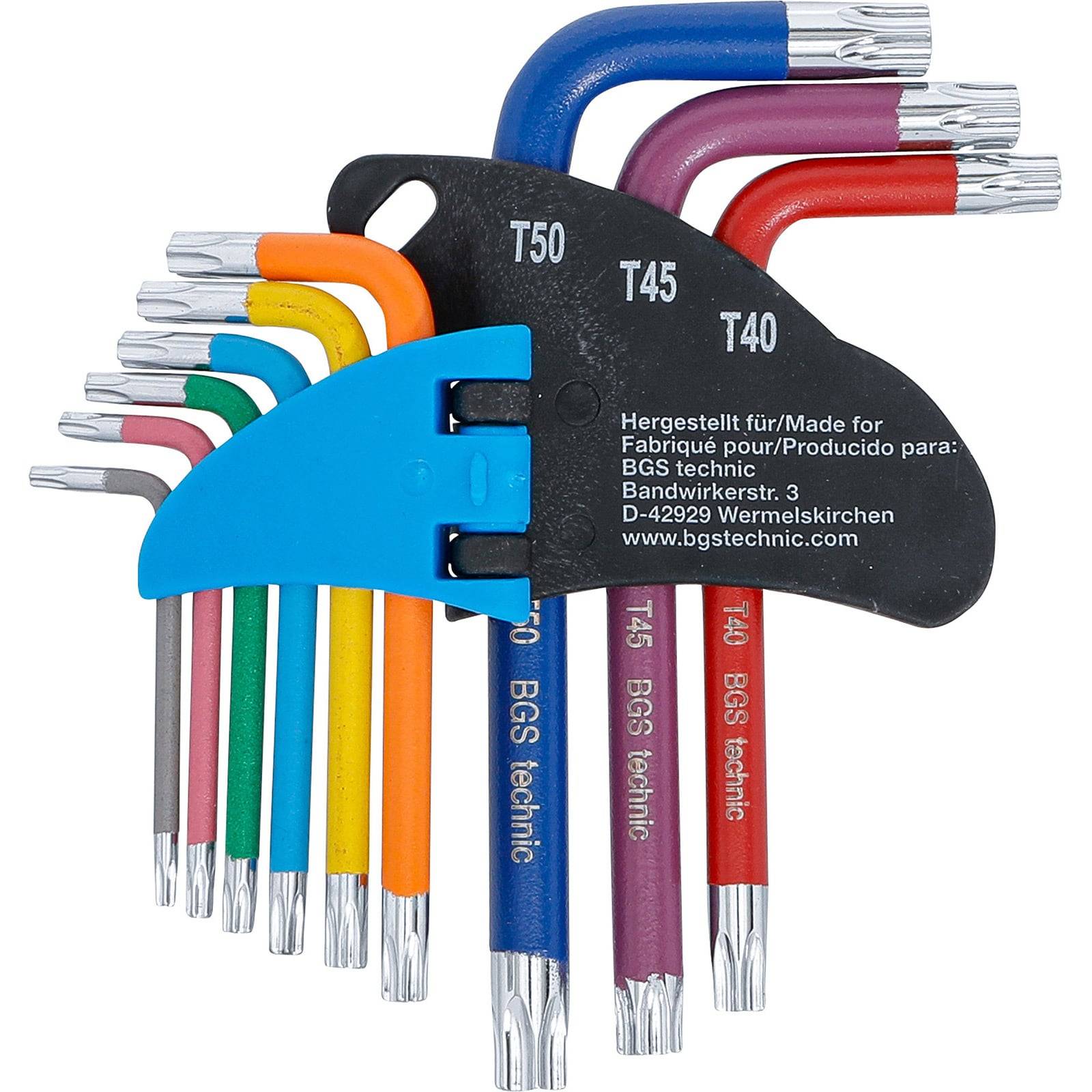 Satz bunter Torx-Schraubenschlüssel mit Beschriftung T10 bis T50, angeordnet in einem schwarzen Halter mit 'BGS technic' Markierung und Herstellungsdetails.