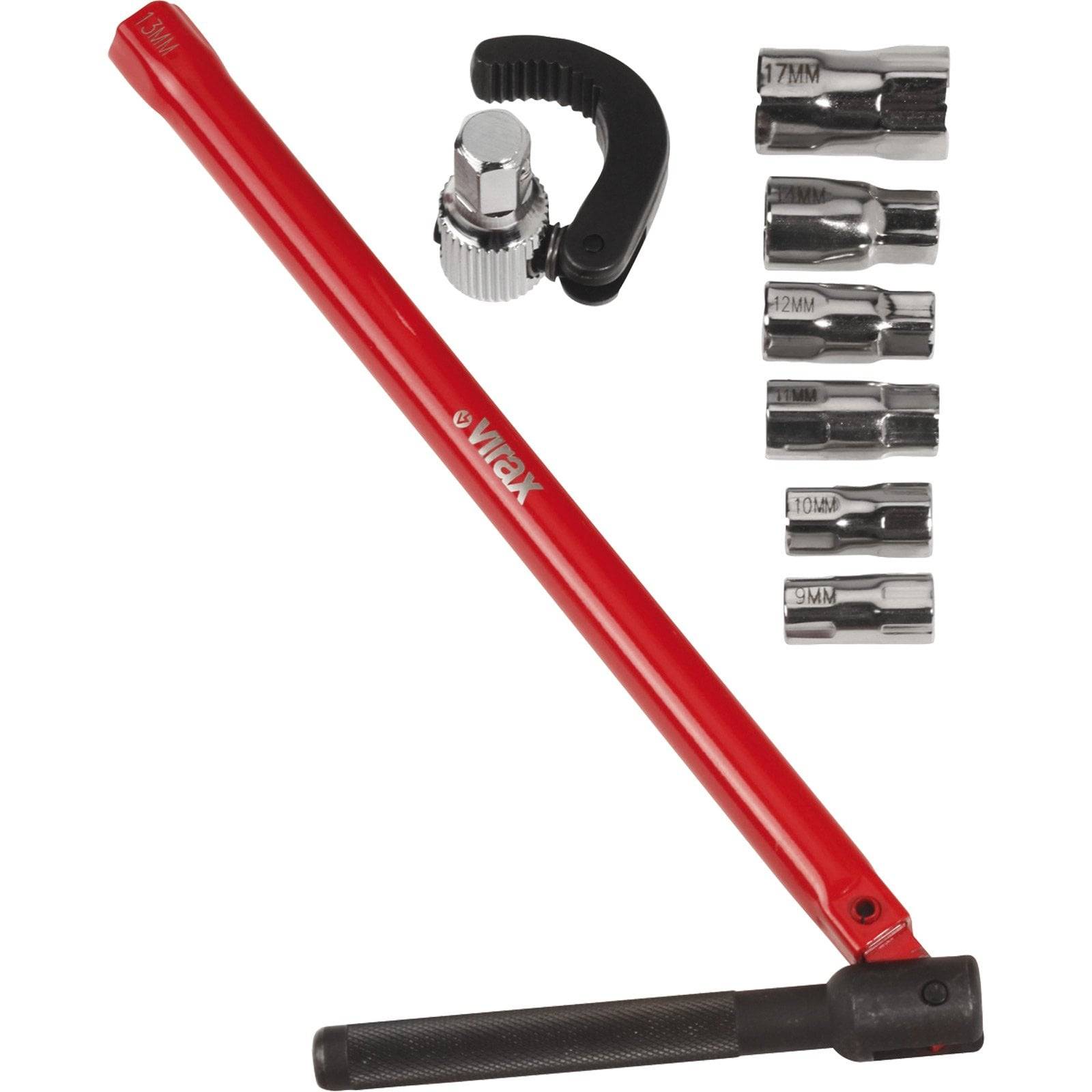 Ein roter Drehmomentschlüsselsatz mit verstellbarem Kopf und sechs Sockelsizes (17mm, 19mm, 10mm, 15mm), geeignet für verschiedene mechanische Arbeiten.