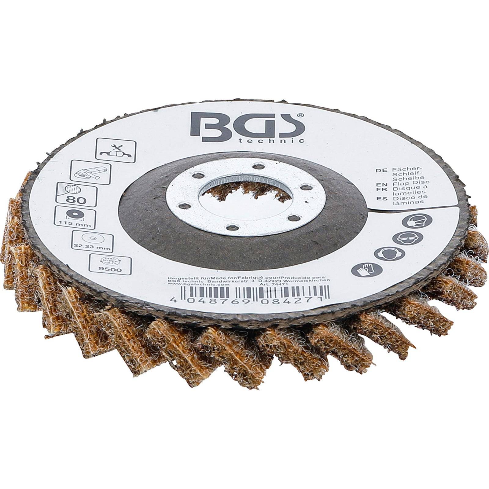 Ein mehrschichtiges Schleifrad mit Schleifoberfläche, gekennzeichnet mit Spezifikationen: 80 Körnung, 125 mm Durchmesser, kompatibel mit BGS-Werkzeugen.