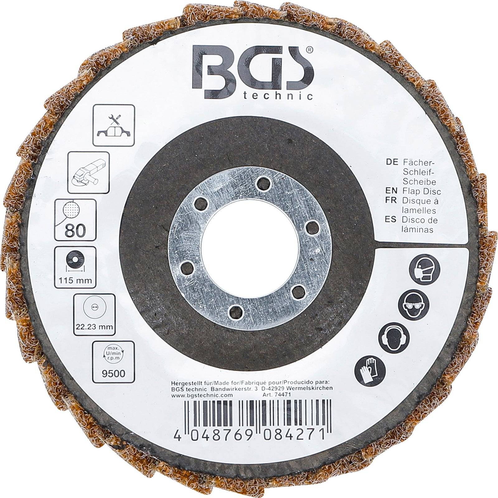 BGS technic' Lamellenschleifscheibe, 115 mm Durchmesser, Körnung 80, maximale Drehzahl 9500 U/min. Verwendet zum Schleifen, zeigt Sicherheitssymbole und Installationsdetails.