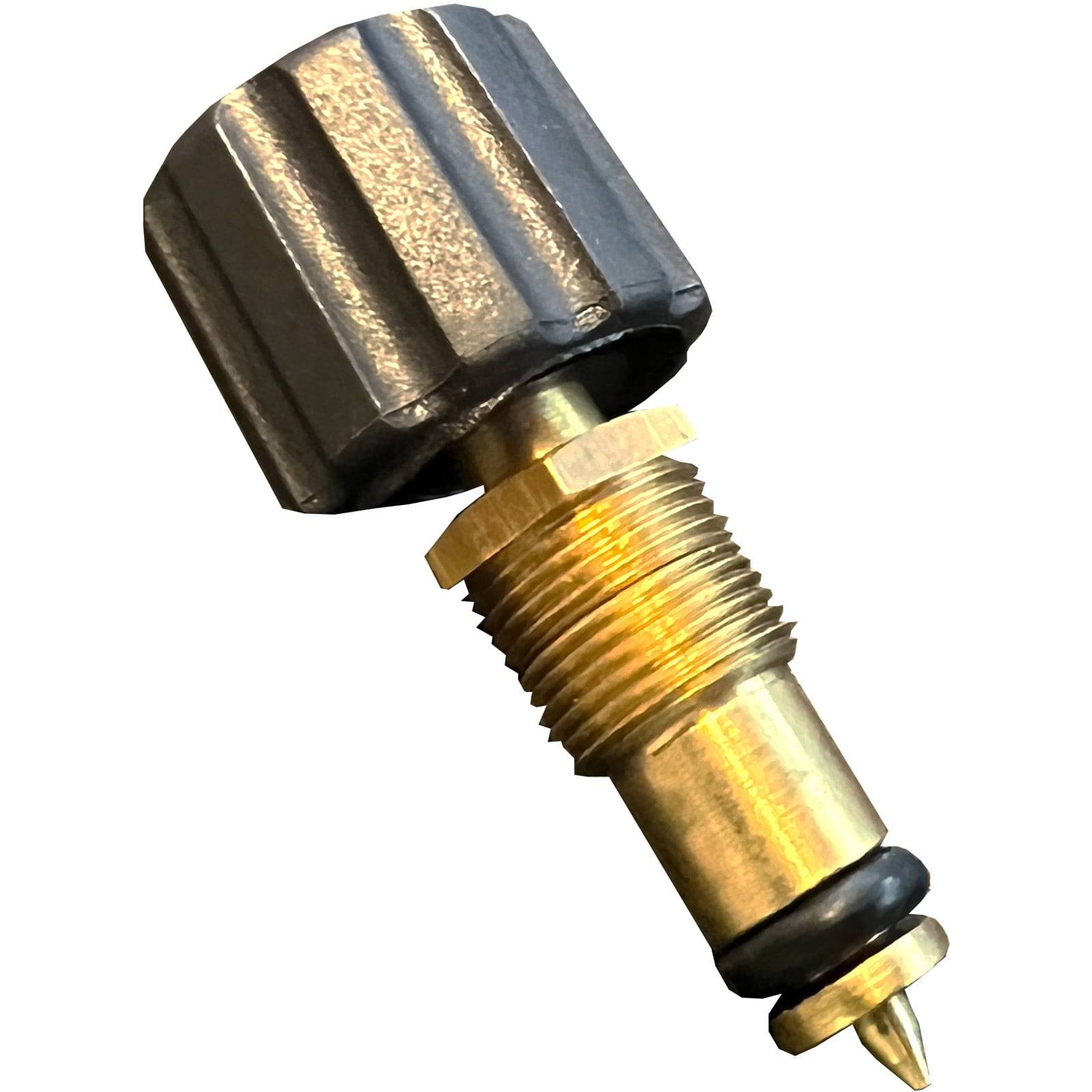 Ein Messingventil mit einem schwarzen, gerippten Kunststoffknopf, das einen geraden Gewinbekörper und einen Gummidichtung zeigt. Verwendet für präzise Durchflussregelung in Fluidsystemen.