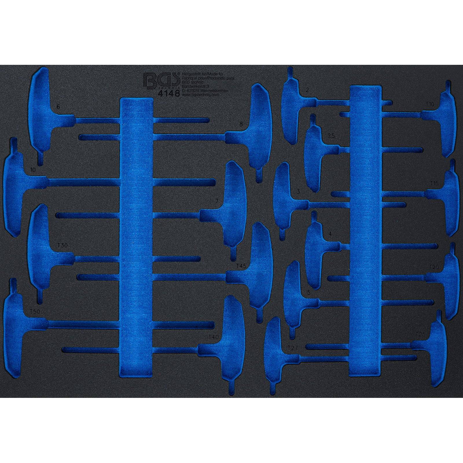 Ein Satz blauer T-Griff-Schraubenschlüssel, die in einem schwarzen Schaumhalter organisiert sind, in Reihen angeordnet und sorgfältig mit Größenmarkierungen beschriftet.