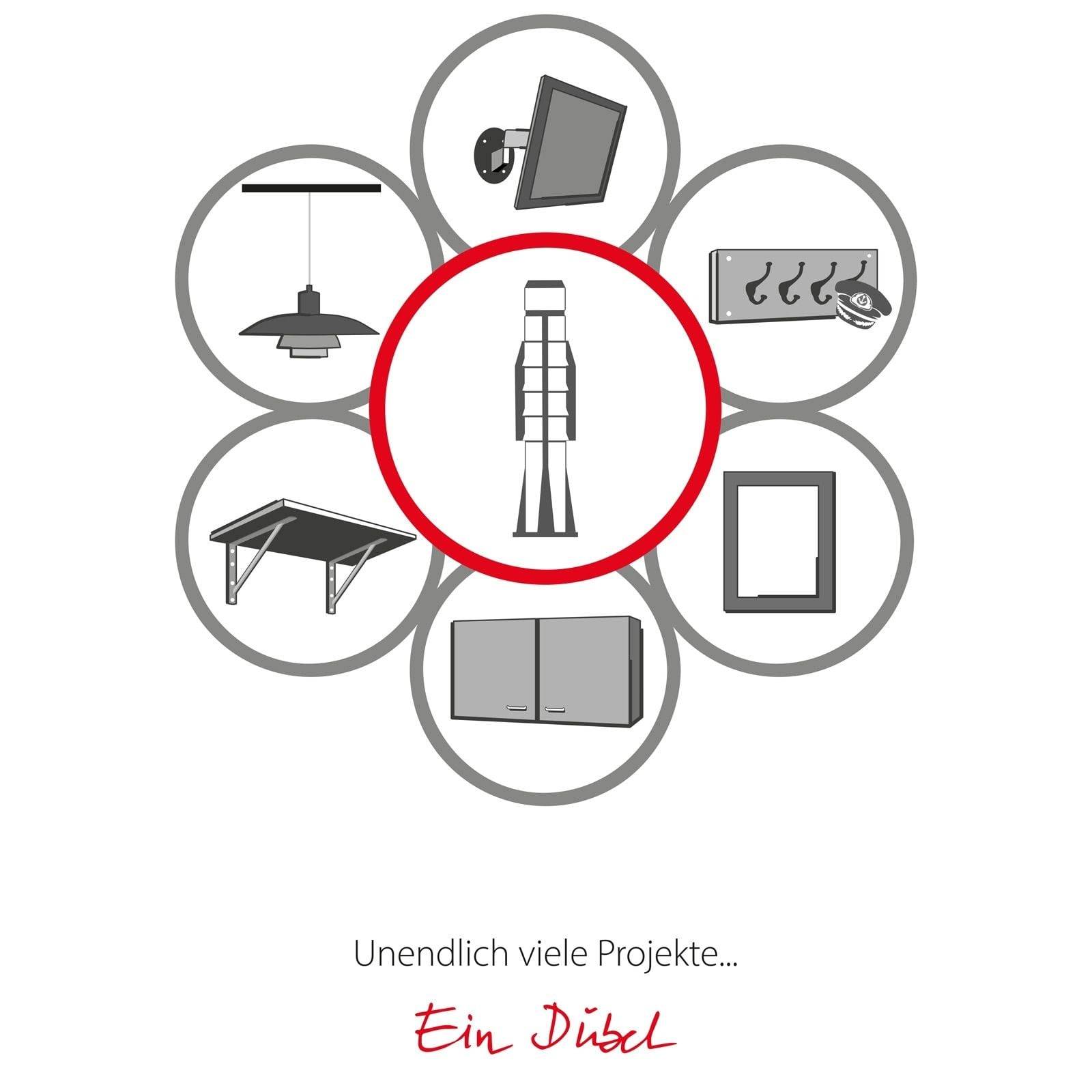 Ein zentraler Dübel, umgeben von Symbolen verschiedener Projekte (Werkbank, Lampe, Werkzeuge, Rahmen, Regal und Leuchte) mit Text darunter: 'Unendlich viele Projekte… Ein Dübel'.