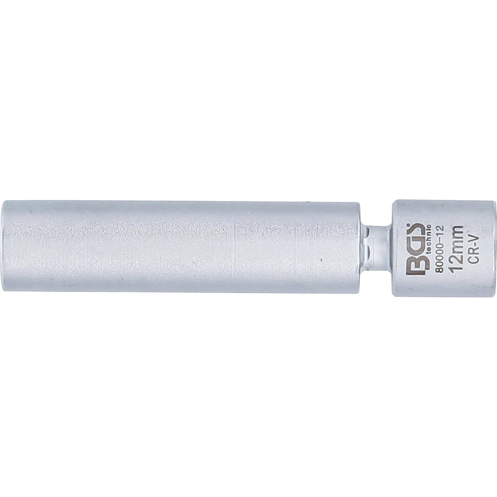 Ein silberner 12-mm-Steckschlüssel mit der Markenaufschrift 'BGS' und der Markierung 'CR-V'. Entwickelt zur Verwendung mit einem Schraubenschlüssel und häufig bei mechanischen Reparaturen eingesetzt.