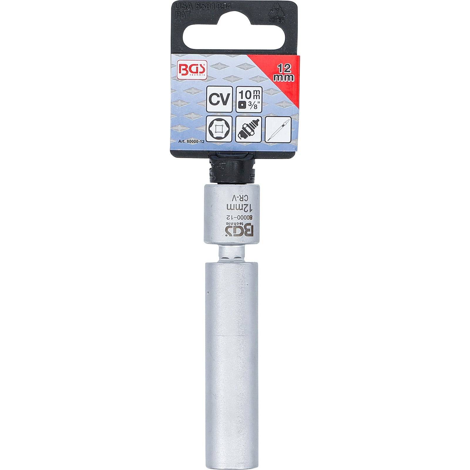 Ein silberner BGS 12mm Zündkerzen-Steckschlüssel mit der Markierung 'CV 10mm 3/8