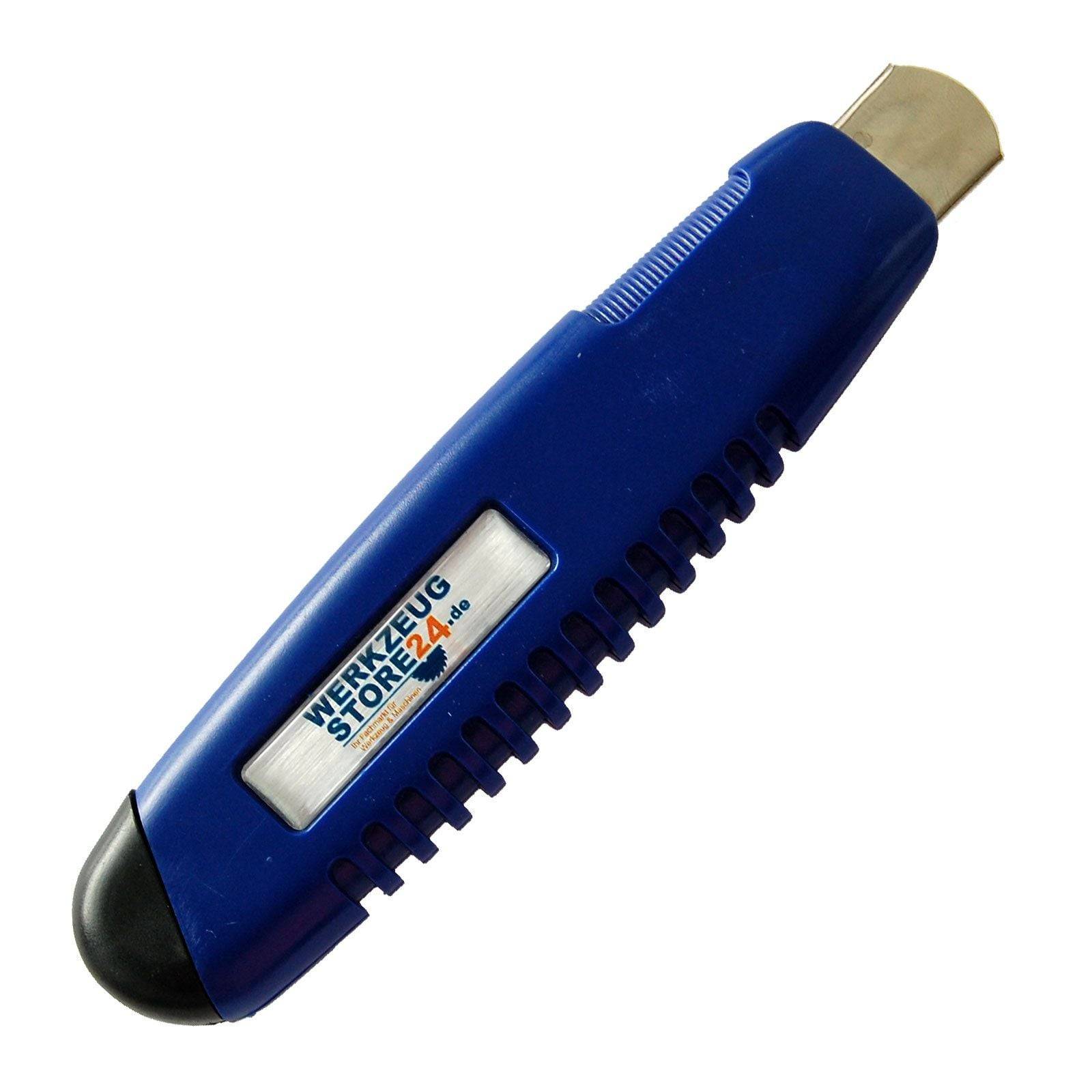 Ein blauer Utility-Messer mit einziehbarer Klinge und den Worten 'Werkzeug Store 24', die auf dem Griff gedruckt sind.