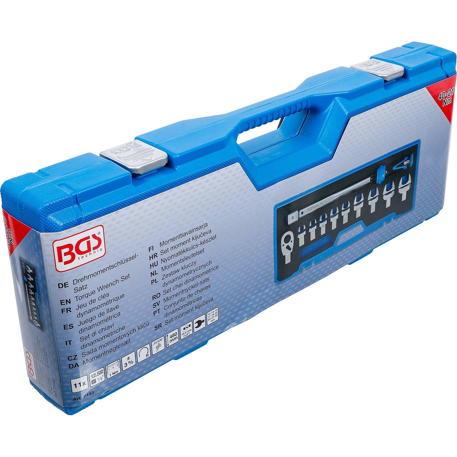 Blauer Werkzeugkoffer mit Griff, mit einer Abbildung eines Schraubenschlüsselsatzes und mehrsprachigem Text, der Inhalt und Spezifikationen beschreibt.