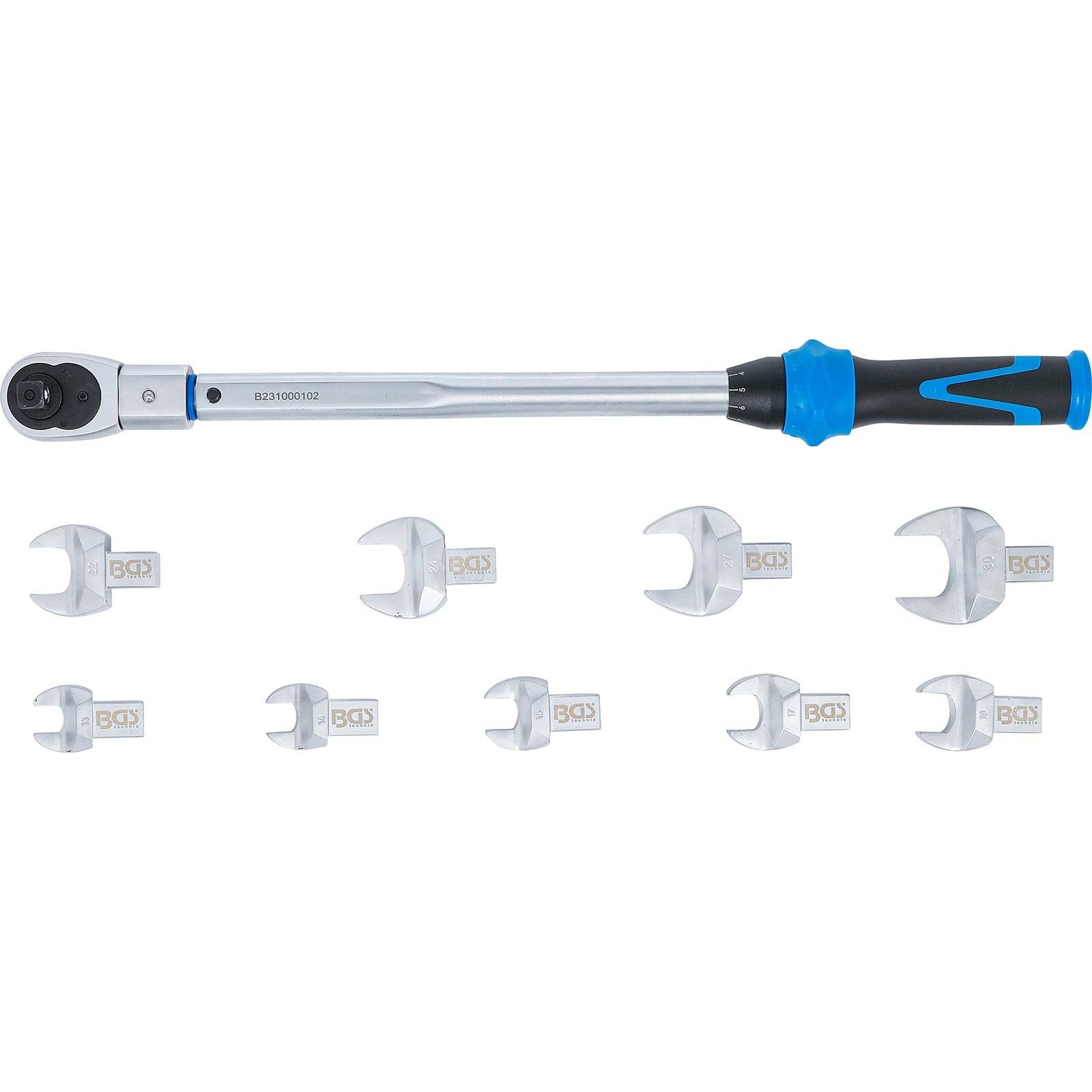 Ein Drehmomentschlüssel mit einem schwarz-blauen Griff, zusammen mit verschiedenen auswechselbaren Schlüsselköpfen unterschiedlicher Größen, darunter ausgelegt.