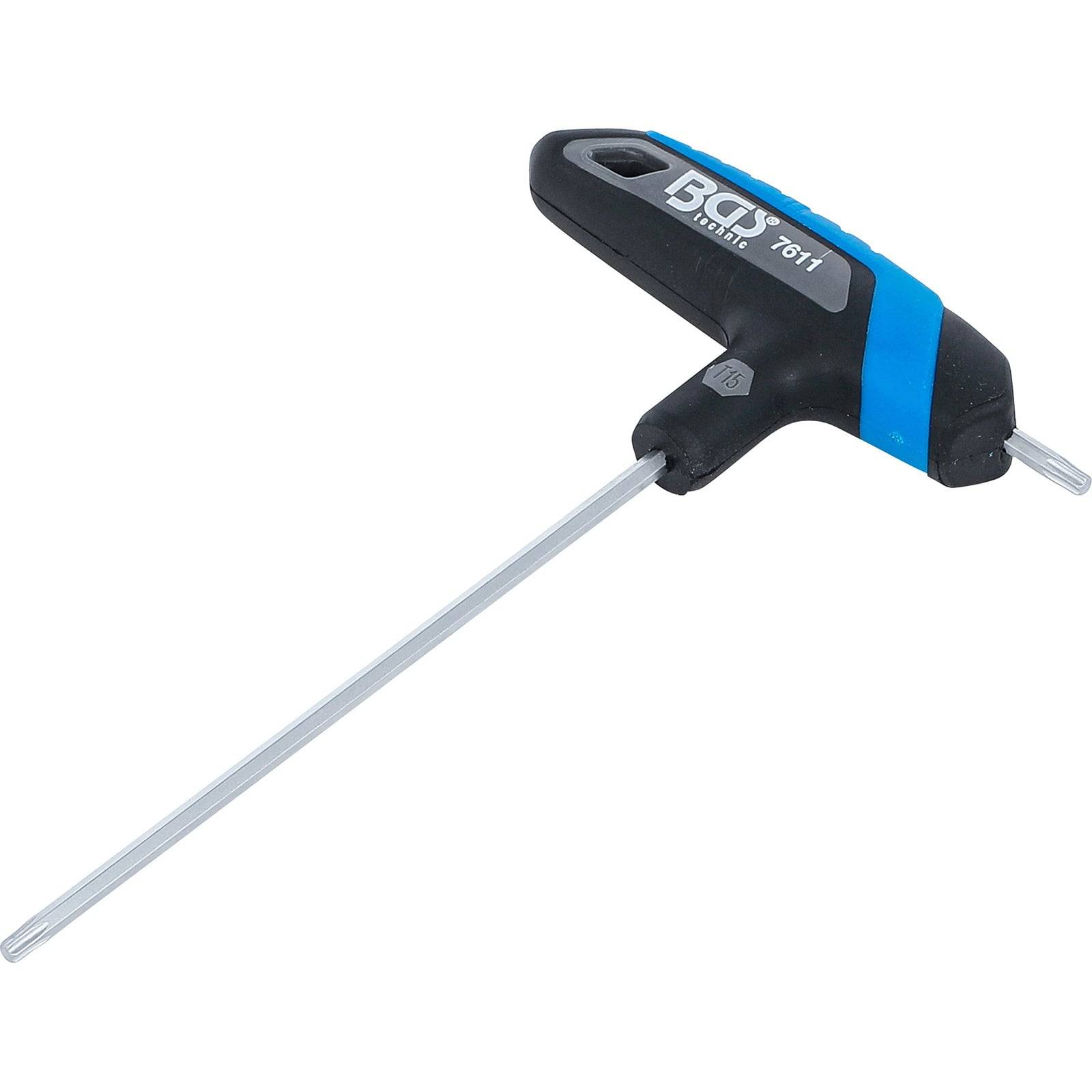 Ein T-Griff-Sechskantschlüssel mit einem schwarz-blauen Griff, ausgestattet mit einer langen Metallschaftachse zum Anziehen oder Lösen von Sechskantschrauben.