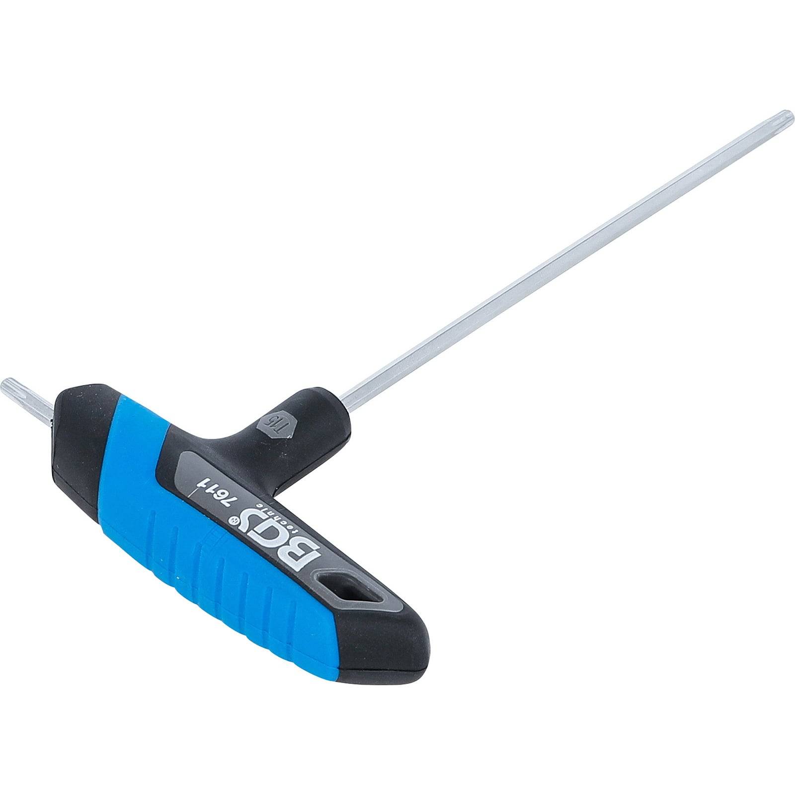 Ein T-Griff-Sechskantschlüssel mit einem schwarzen Griff und blauer Einfassung, der mit 'BGS 7051' in Weiß gekennzeichnet ist und einen langen Metallschaft aufweist.