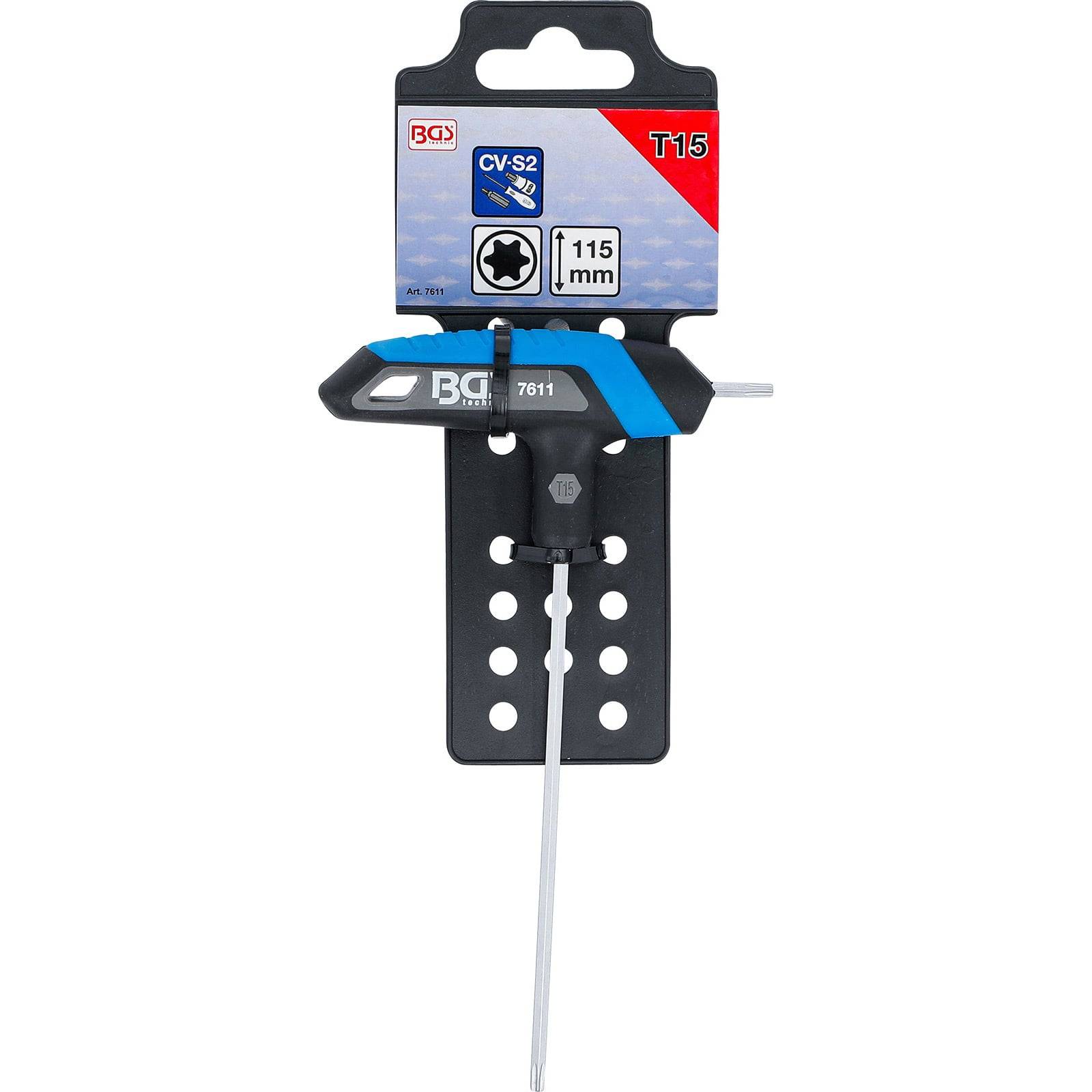 T15 Torx-Schlüssel mit ergonomischem Griff und 115 mm Schaft, auf Verpackung dargestellt. Markenetikett: BGS. Geeignet für verschiedene mechanische Arbeiten.