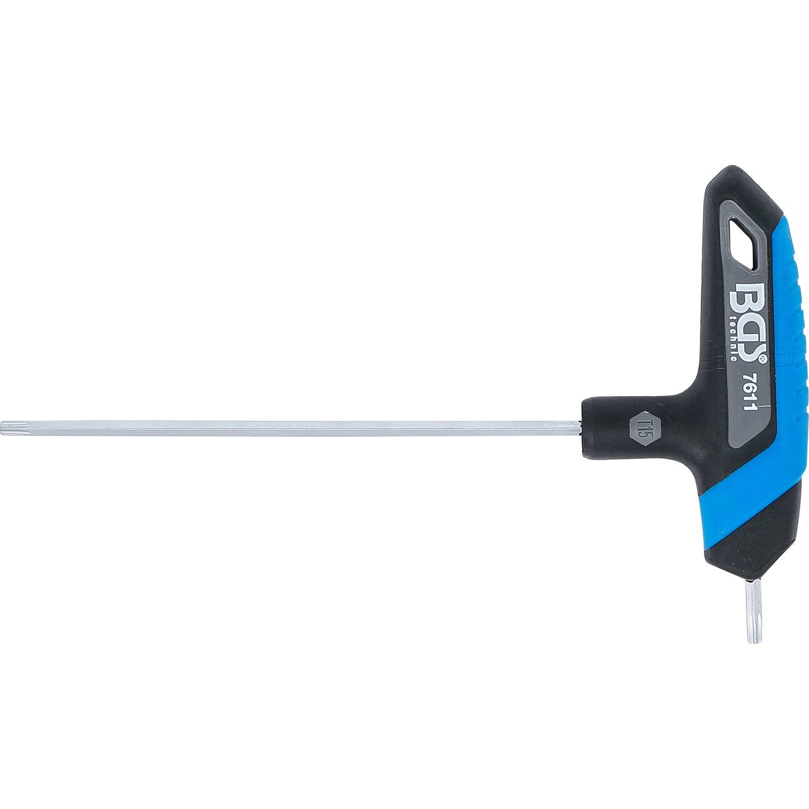 T-Griff-Sechskantschlüssel mit schwarzem und blauem Kunststoffgriff und einer langen Metallschaft.