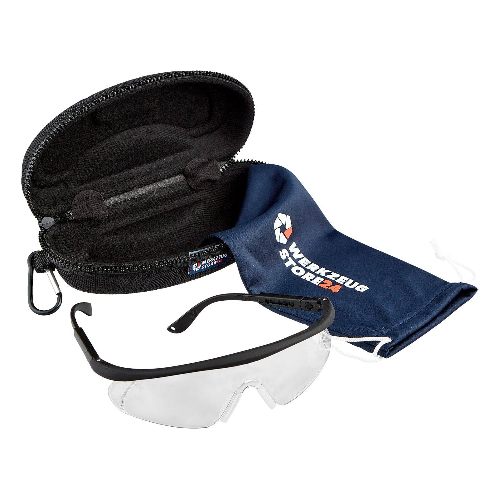 Schutzbrille mit schwarzem Rahmen, klaren Gläsern und einer mitgelieferten schwarzen Tragetasche und einem Etui, gekennzeichnet mit 'Werkzeug Storz'.