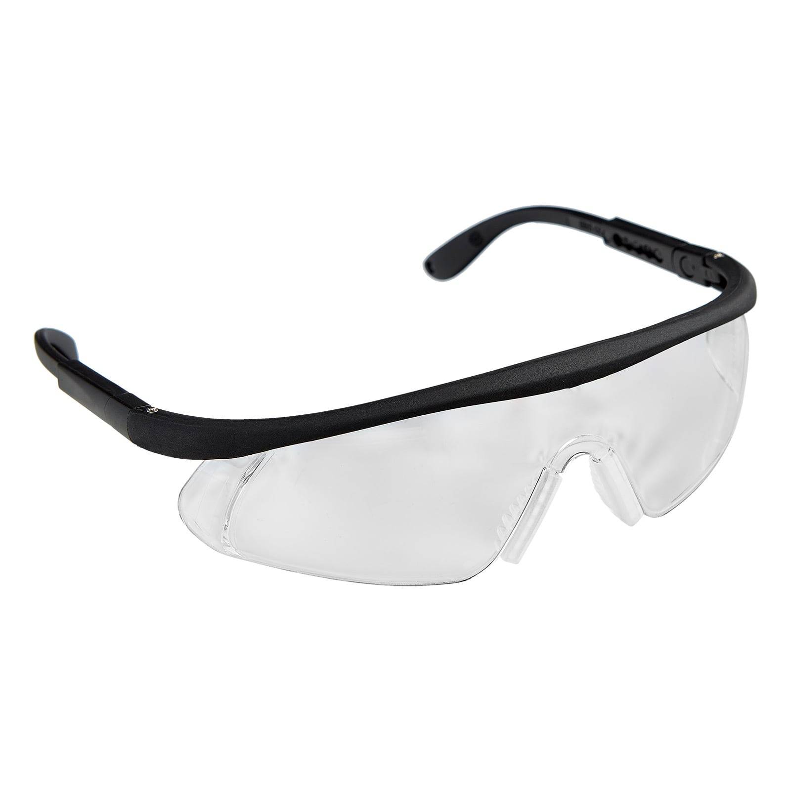 Durchsichtige Sicherheitsbrille mit schwarzen Rahmen, entwickelt zum Schutz der Augen vor Trümmern und Gefahren.