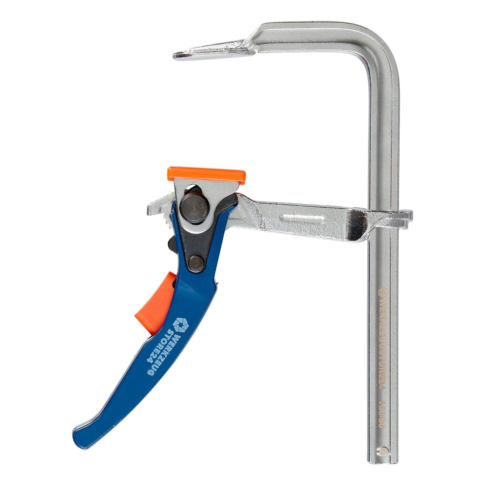 Eine Metallklemme mit einem blauen Griff und einem orangefarbenen Hebel, die zum Festhalten von Materialien verwendet wird.