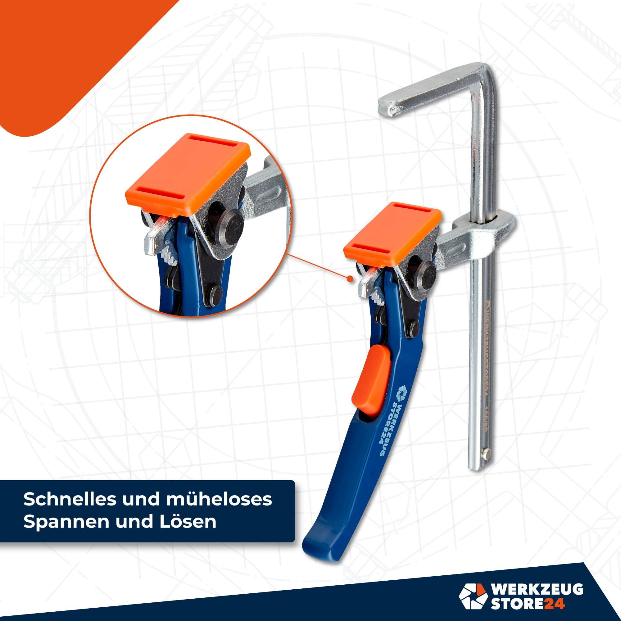 Schnellspannvorrichtung auf Bauplan-Hintergrund. Betont 'Schnelles und müheloses Spannen und Lösen'. Werkzeugstore 24 Logo.
