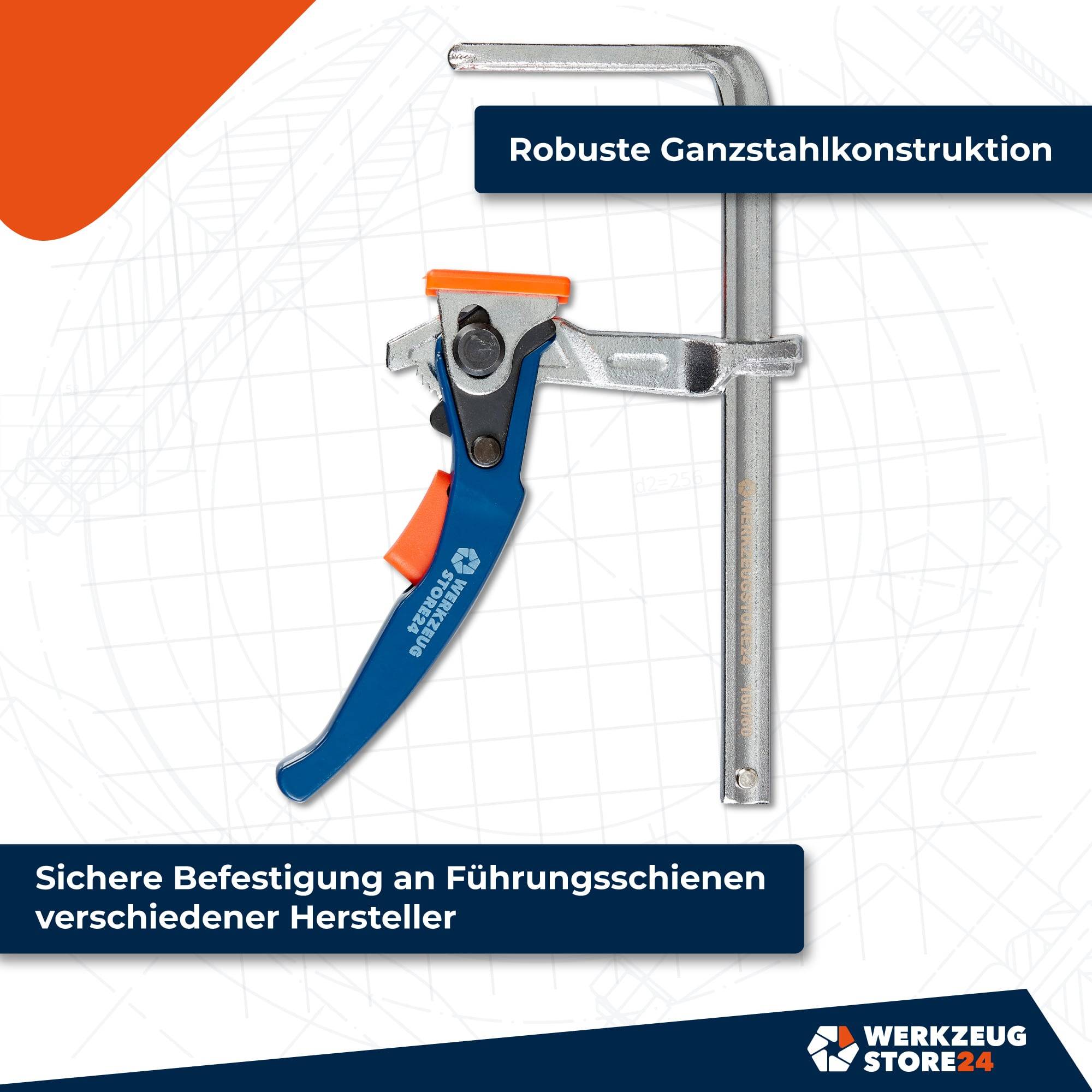Ein Stahlklemmelement mit einem blauen und orangen Hebel vor einem technischen Gitternetzuntergrund. Text im Bild: 'Robuste Ganzstahlkonstruktion' und 'Sichere Befestigung an Führungsschienen verschiedener Hersteller.