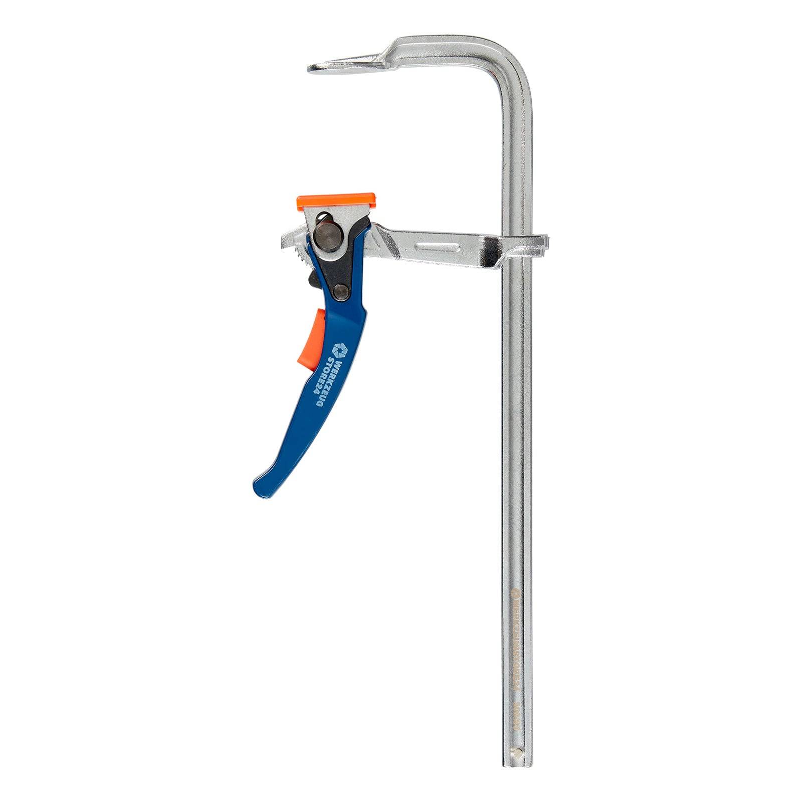 Eine Metallklemme mit blauen und orangefarbenen Griffen, entwickelt zum sicheren Festhalten von Gegenständen bei Holz- oder Metallarbeiten.