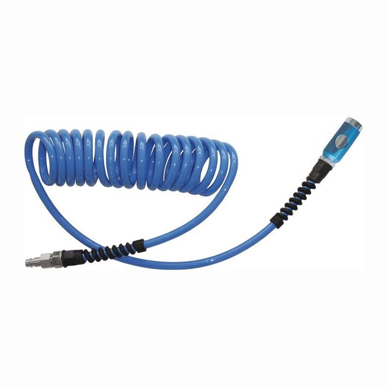 Ein aufgewickelter blauer Luftschlauch mit einem Anschluss an einem Ende und einer Verschraubung am anderen Ende.