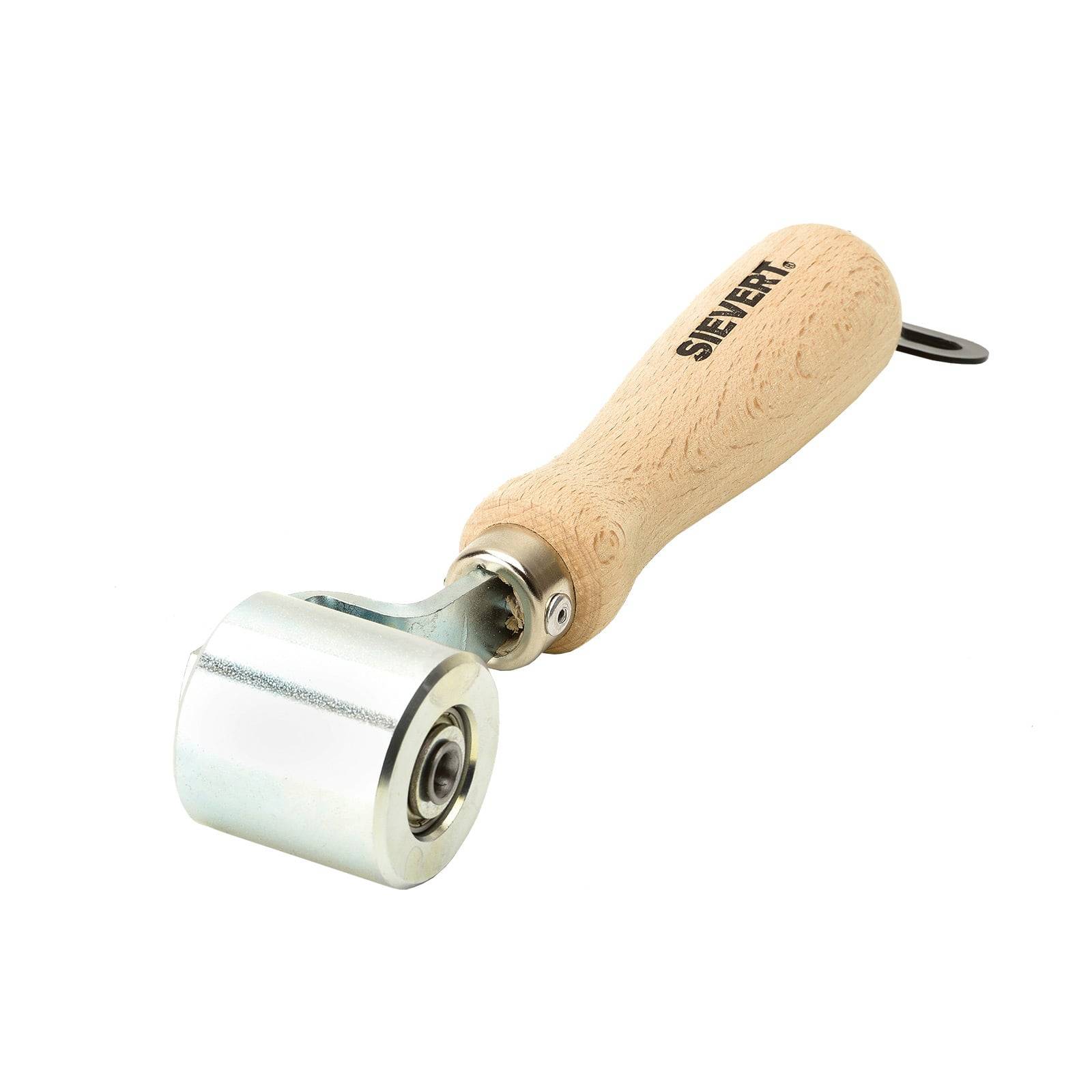 Handgehaltener, metallener Nahtroller mit einem Holzgriff, der mit 'Sievert' markiert ist und zum Andrücken von Nähten oder Kanten im Baugewerbe verwendet wird.
