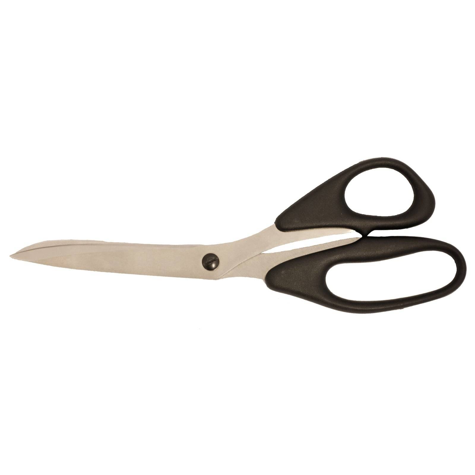 Eine Schere mit einer geraden, silbernen Klinge und schwarzen ergonomischen Kunststoffgriffen, diagonal auf einem weißen Hintergrund positioniert.