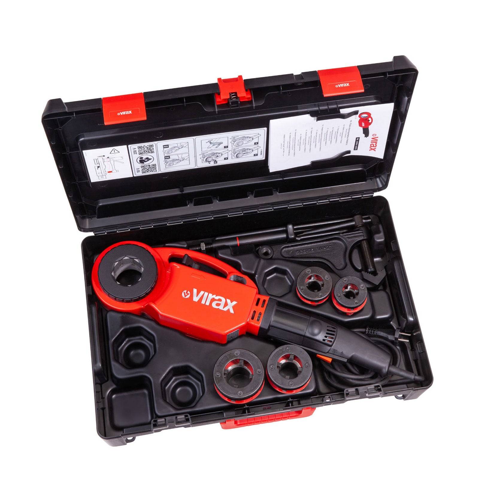 Ein rotes Virax-Werkzeugset mit einem Elektrowerkzeug und sechs runden Anbauteilen für die Rohrinstandhaltung, alle ordentlich in einem schwarzen Koffer angeordnet.