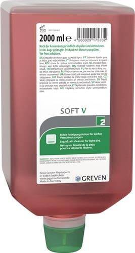 Eine Flasche Greven SOFT V Handreinigerflüssigkeit mit einem Etikett, das Gebrauchsanweisungen und Informationen zur Herstellung in Deutschland aufweist.