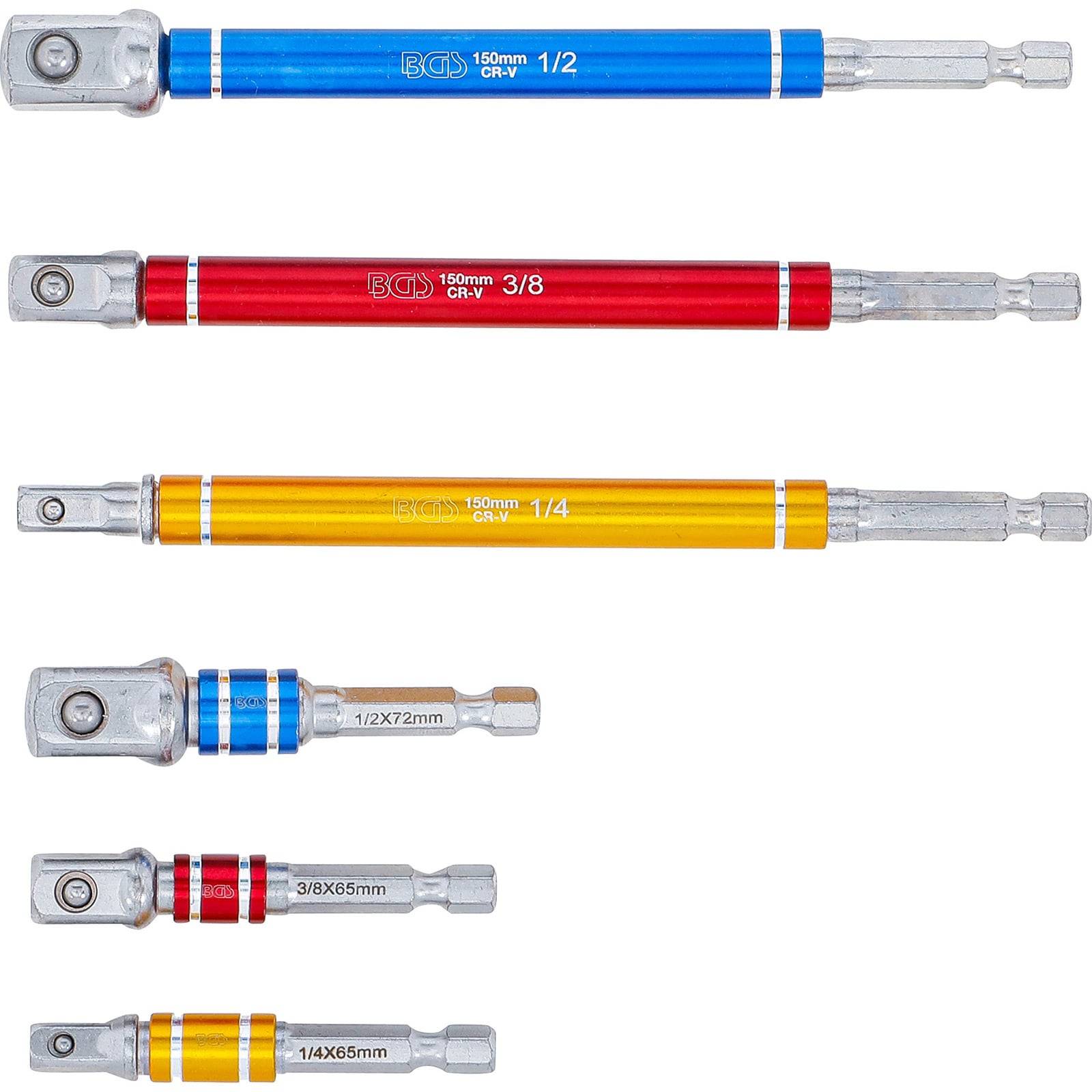 Drei Verlängerungen für Steckschlüssel in Blau, Rot und Gelb, beschriftet mit '1/2', '3/8' und '1/4'. Darunter zwei Adapter; einer mit der Markierung '1/2x72mm', der andere '3/8x65mm'.