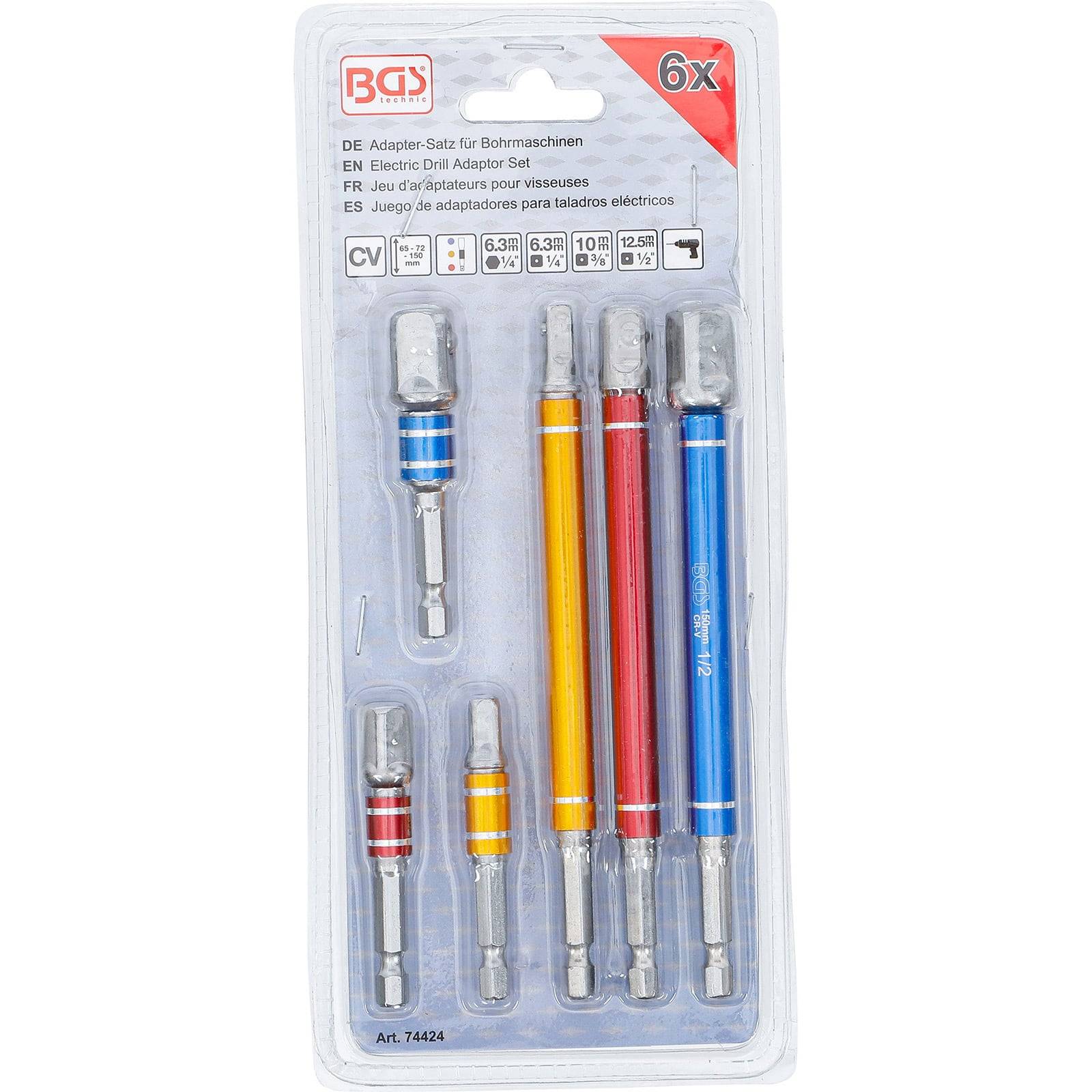 Elektrobohrer-Adapter-Set, 6-teilig. Beinhaltet Adapter in verschiedenen Farben, Größen: 6,3 mm, 8 mm, 10 mm, 12,5 mm, 5/16