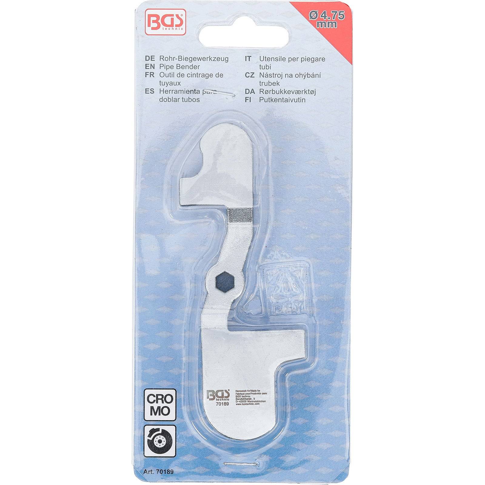 BGS' Rohrbiegegerät in Verpackung zum Biegen von Rohren oder Schläuchen, in mehreren Sprachen beschriftet, mit einer Größenangabe von 64,75 mm.