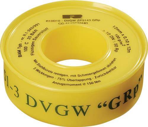 Gelbes Gasmarkierungsband mit schwarzem Text 'DVGW' und Spezifikationen, einschließlich Größe. Verwendet zur Kennzeichnung und Sicherung von Gaspipelines.