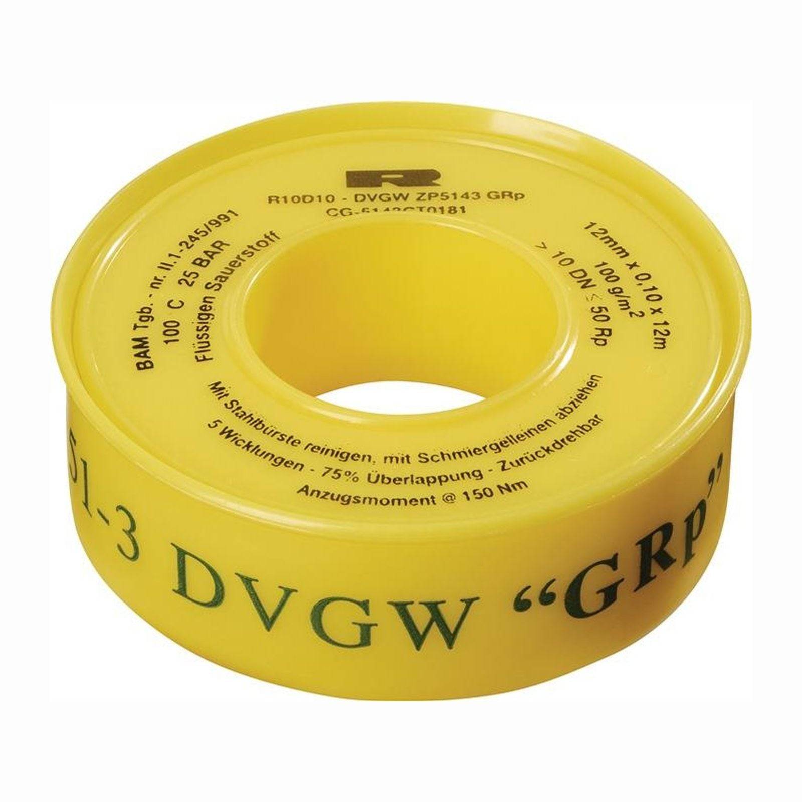 Gelbe Rolle von Sanitär-Gewindedichtband mit schwarzem Text und Maßangaben darauf gedruckt.