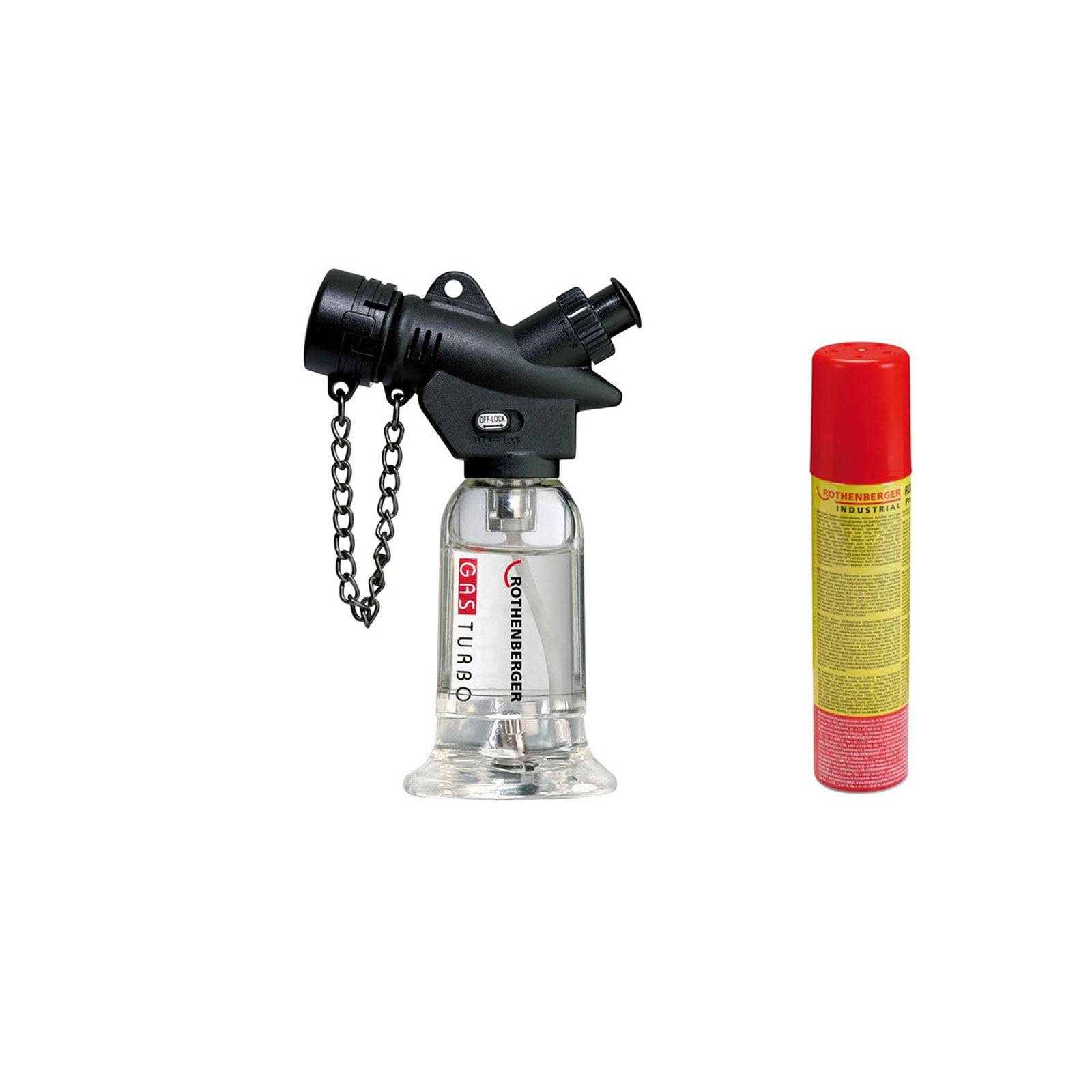 Ein schwarzes und transparentes Butanfeuerzeug mit einer Kette neben einer roten und gelben Butannachfüllkartusche.