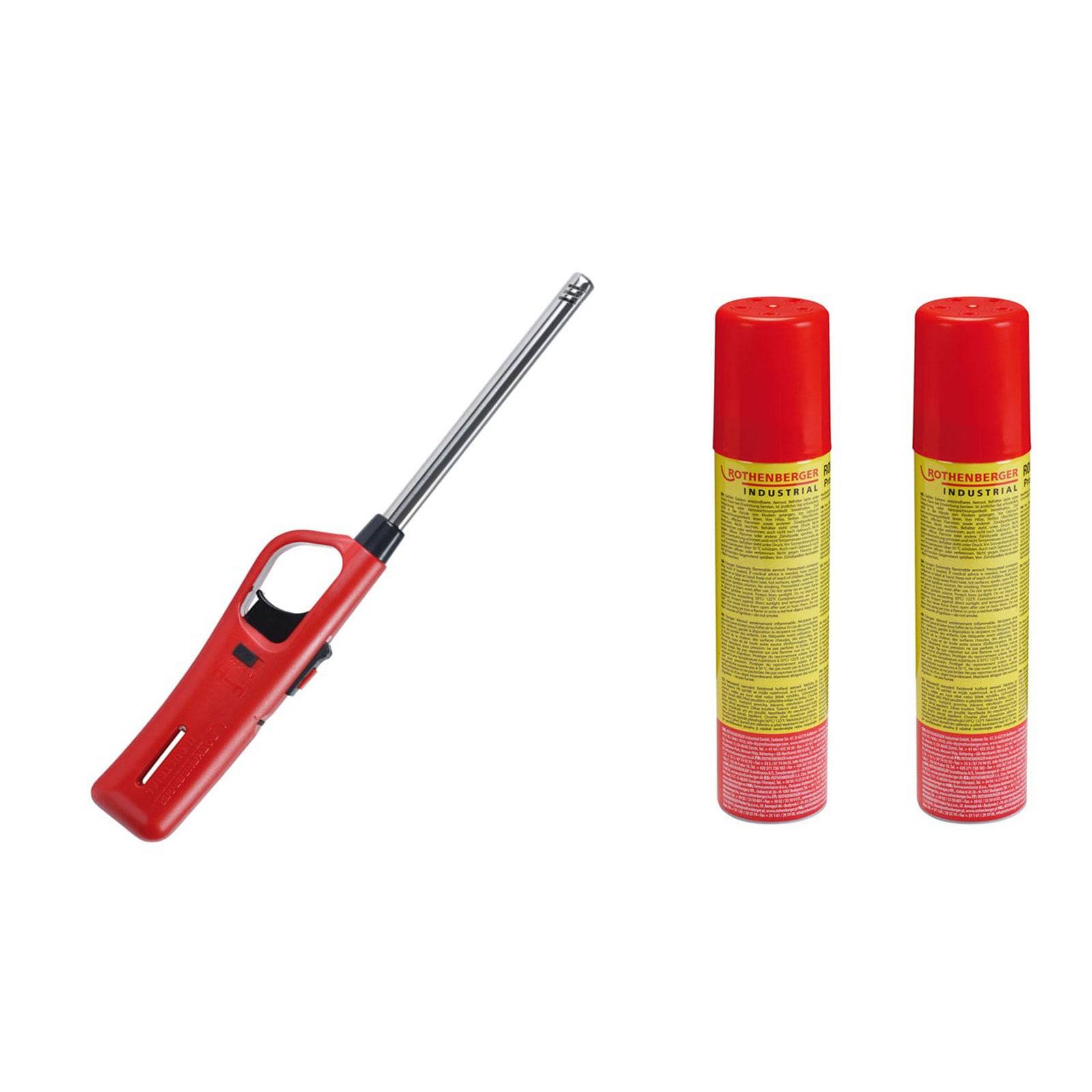 Rotes Feuerzeug mit langem Metallhals neben zwei roten Spraydosen mit gelben Etiketten.