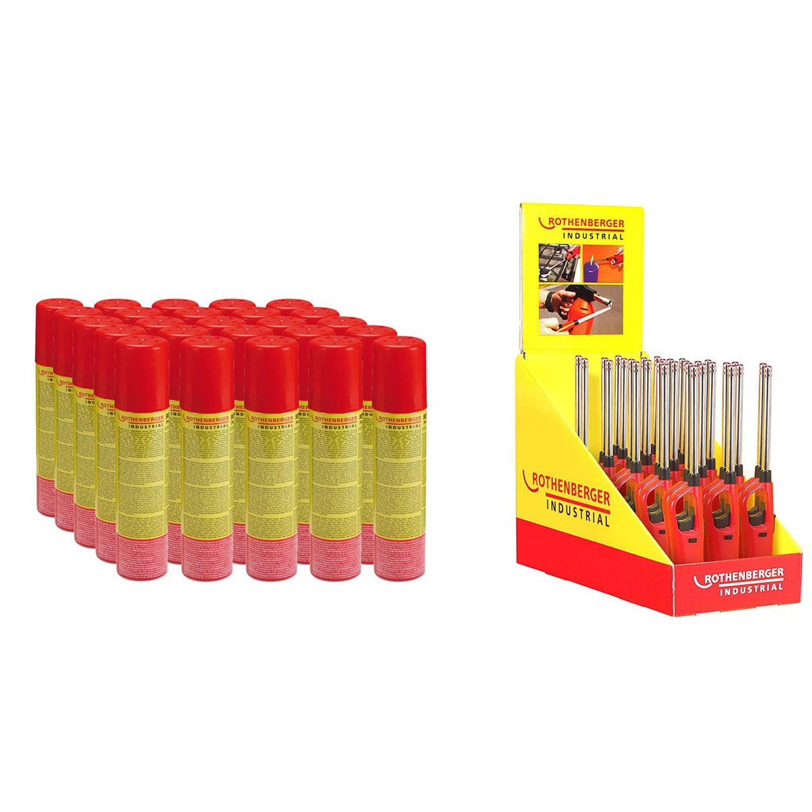 Produkte der Marke 'Rothenberger', einschließlich mehrerer Spraydosen und eines Displays mit ausziehbaren Feuerzeugern, wahrscheinlich für industrielle Zwecke.