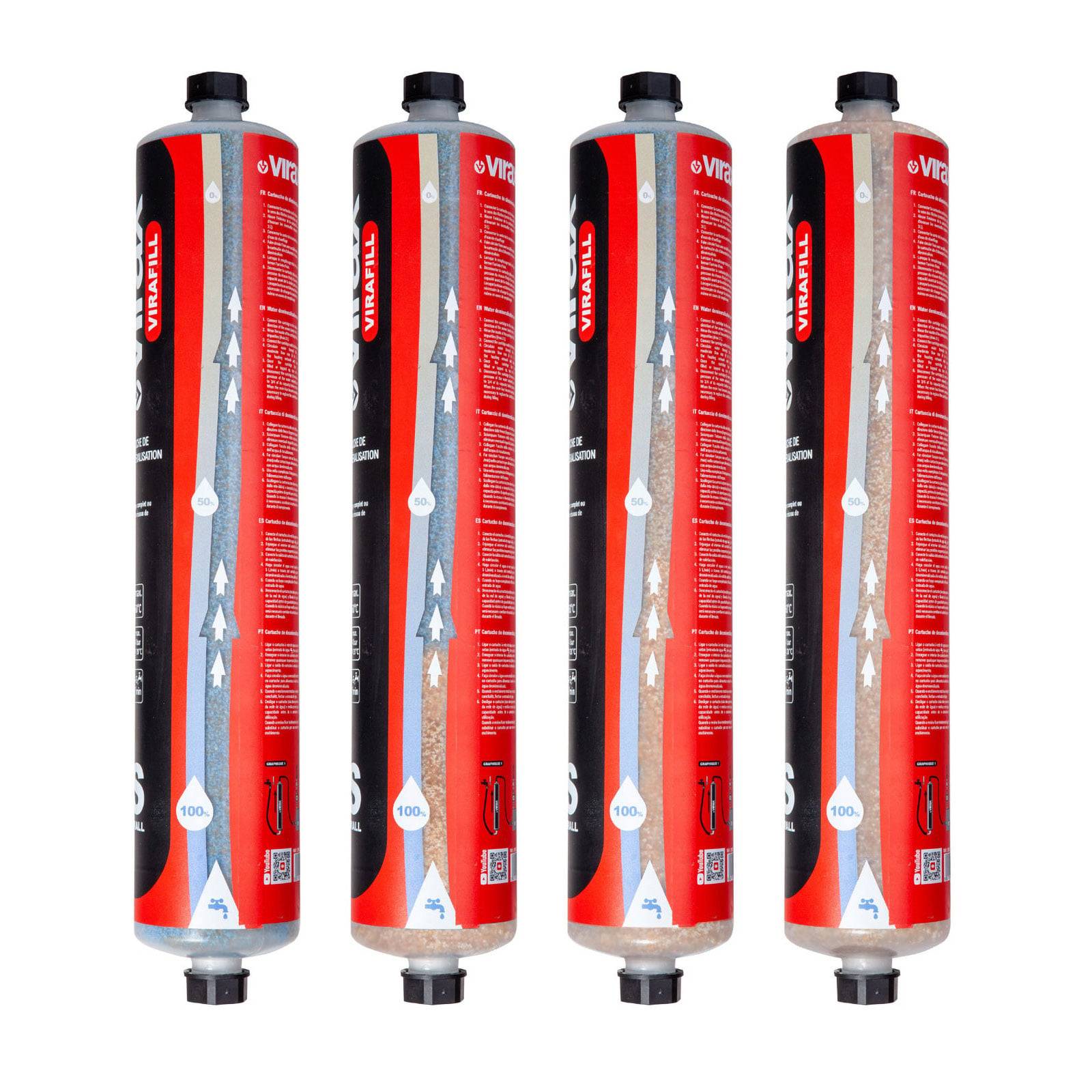 Vier Wasserfilterpatronen in rot-schwarzer Verpackung, jede mit Strömungsrichtung und Filtrationsstufe gekennzeichnet, stehen aufrecht.