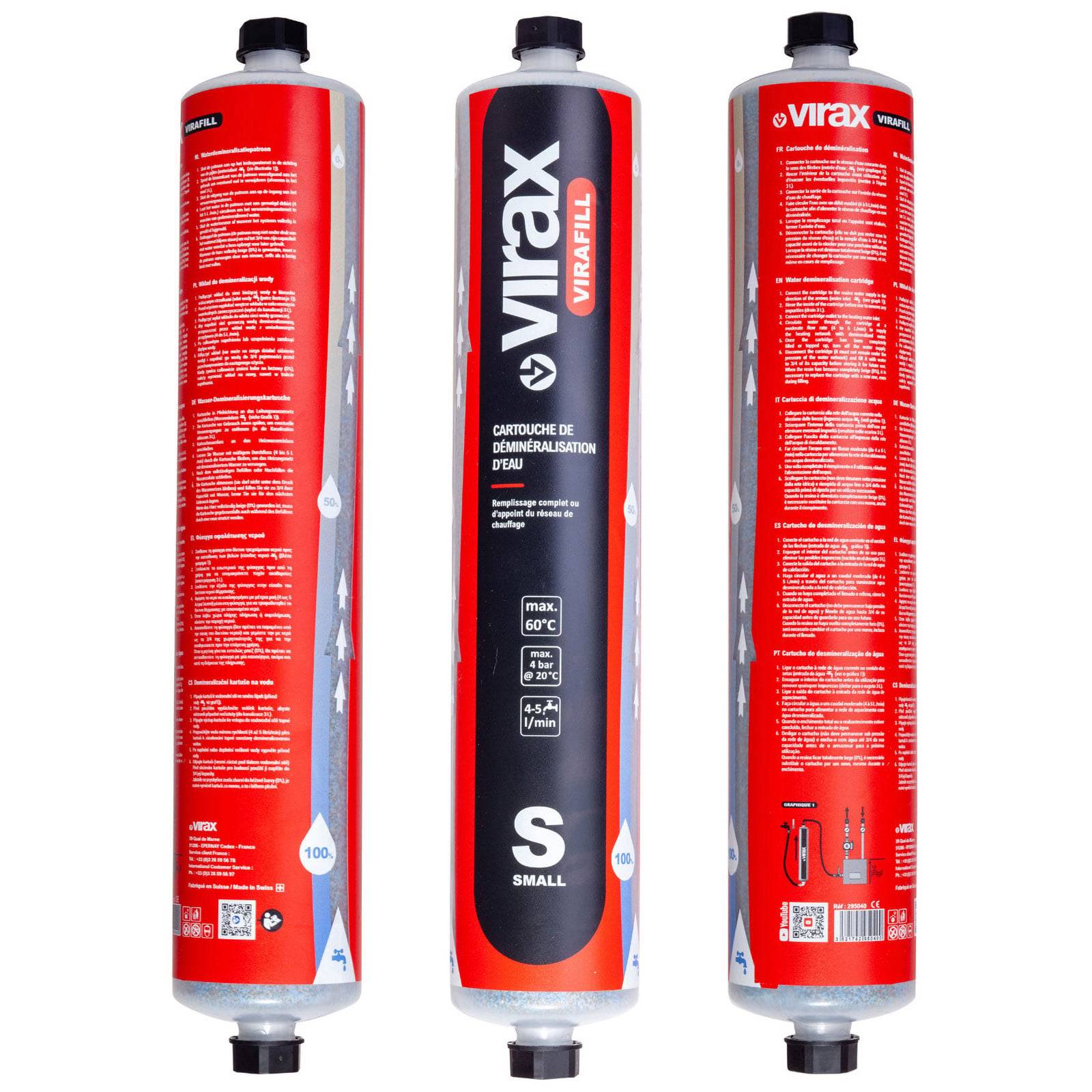 Drei rote Virafill-Wasserfilterpatronen, beschriftet mit 'Virax', versehen mit Anweisungen und technischen Spezifikationen auf Französisch.