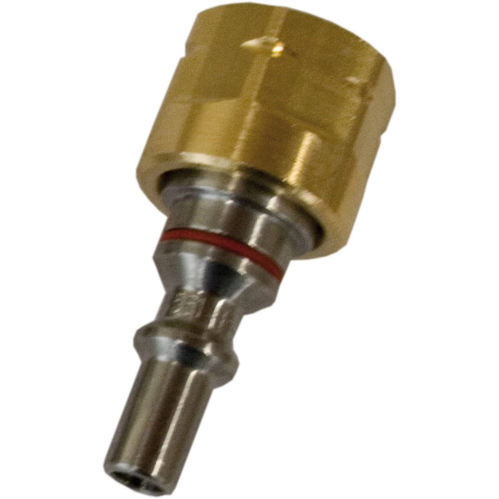 Ein Schnellverbinder aus Messing und Stahl mit einer roten Dichtung, der zum Anschließen von Schläuchen oder Rohren verwendet wird.