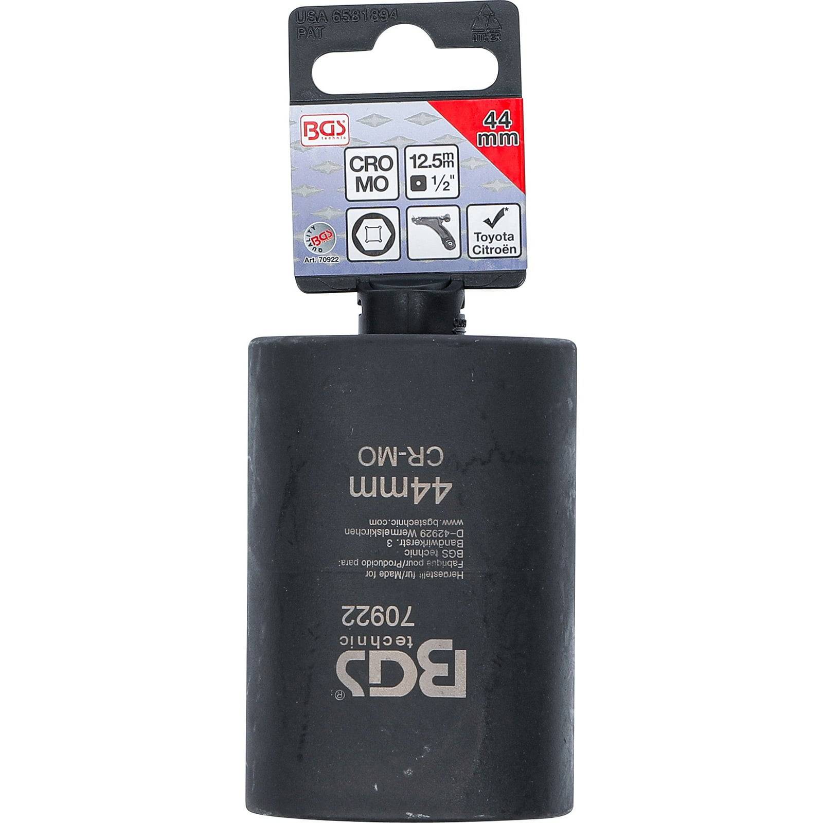 Steckschlüssel-Adapter, '44mm CR-MO', Modell 'BGS 70922', mit Spezifikationen für verschiedene Fahrzeugmarken.