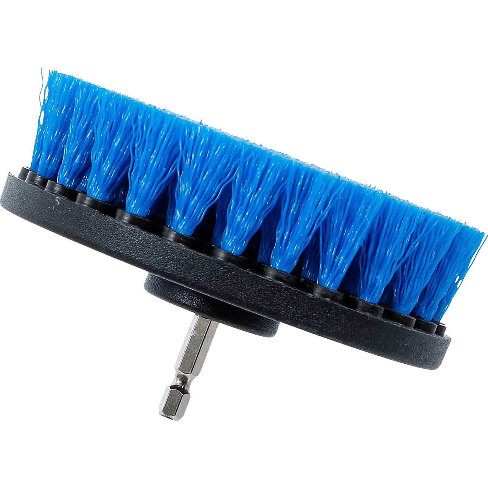 Eine kreisförmige Bohrmaschinen-Reinigungsbürste mit blauen Borsten und schwarzer Basis, die zur effektiven Oberflächenreinigung entwickelt wurde, wenn sie an eine Bohrmaschine angeschlossen ist.