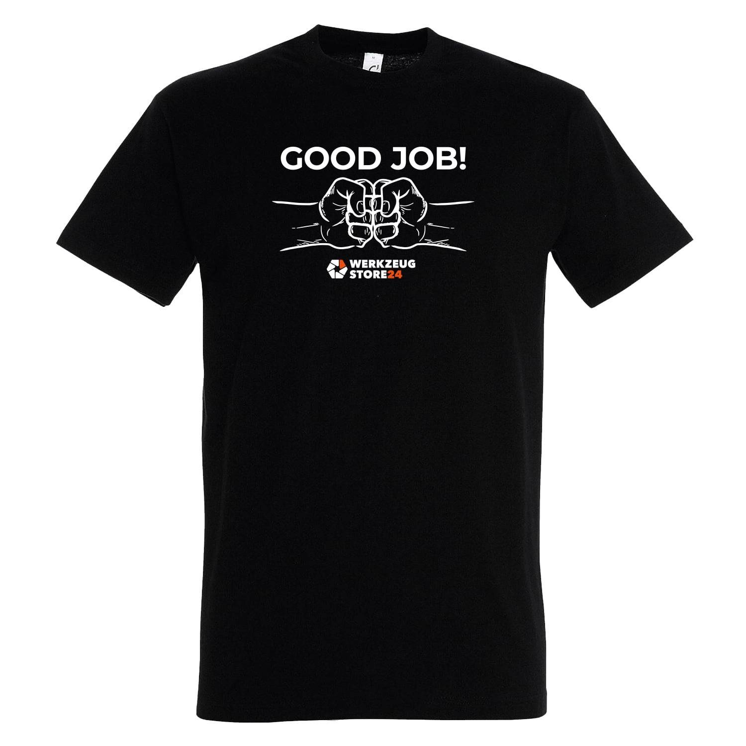 Schwarzes T-Shirt mit dem Text 'GOOD JOB!' über zwei aufeinander schlagenden Fäusten. Darunter ein Logo für 'WERKZEUG STORE 24'.