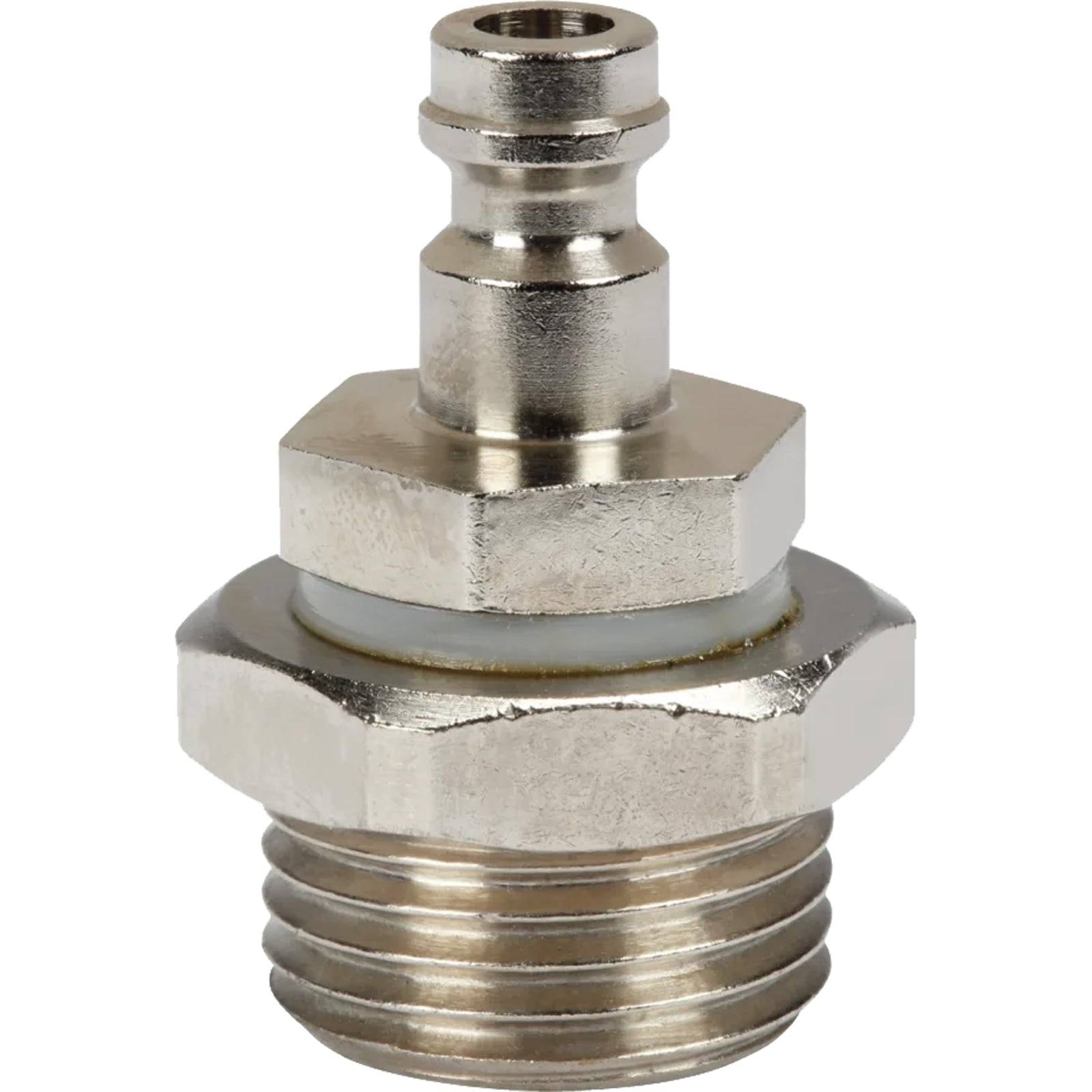 Ein Metallteil mit einer Gewindebasis und einer vorstehenden Düse, das zum Verbinden von Rohren oder Schläuchen in Sanitär- oder Maschinensystemen verwendet wird.