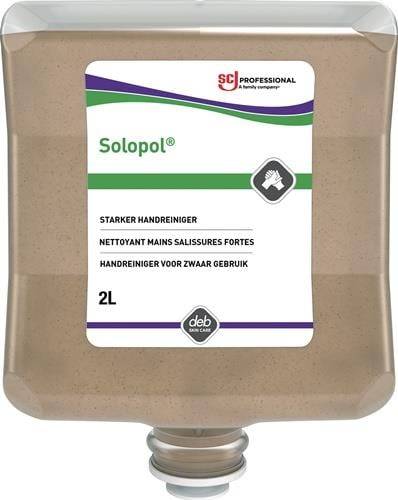Solopol' Handwaschpaste-Behälter, 2 Liter, für schwere Verschmutzungen geeignet. Das Etikett ist überwiegend weiß mit grünen und violetten Akzenten.