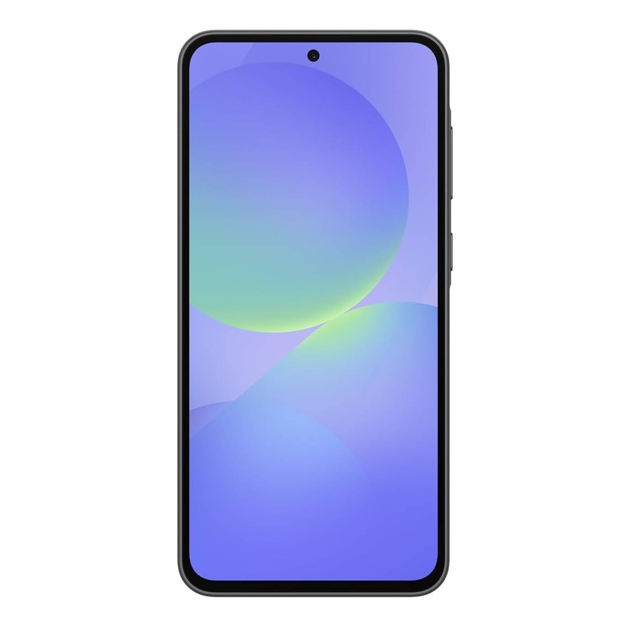 Ein Smartphone mit einer randlosen Anzeige, die einen Farbverlaufshintergrund mit blauen und grünen kreisförmigen Formen zeigt.